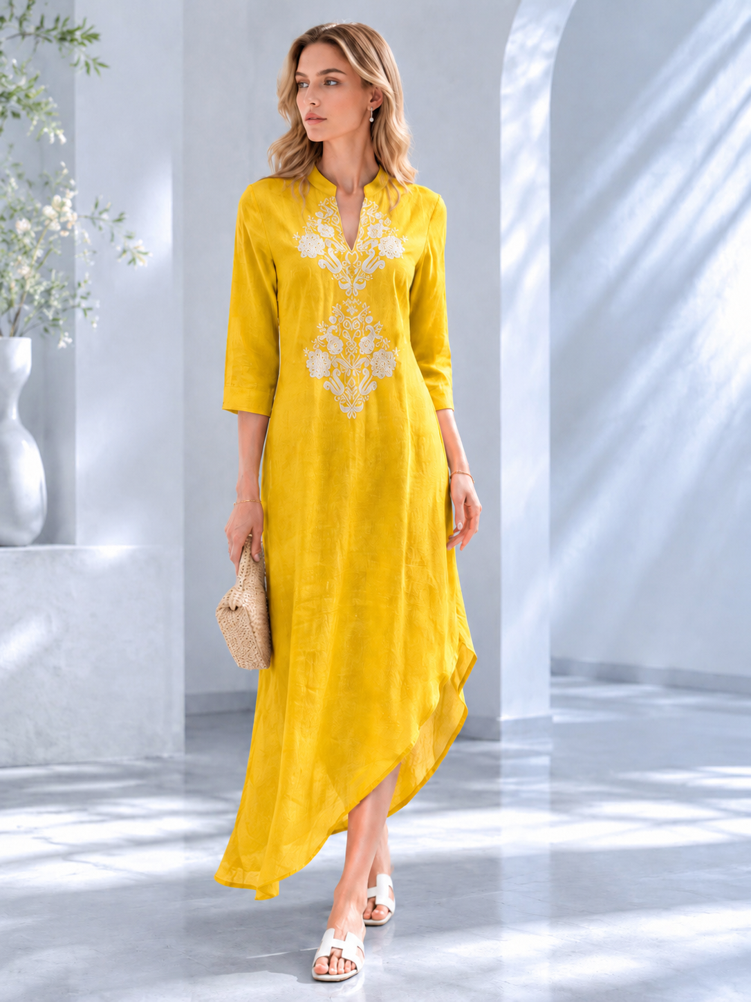 Women's Yellow Floral Embroidered Asymmetric Dress W-24581