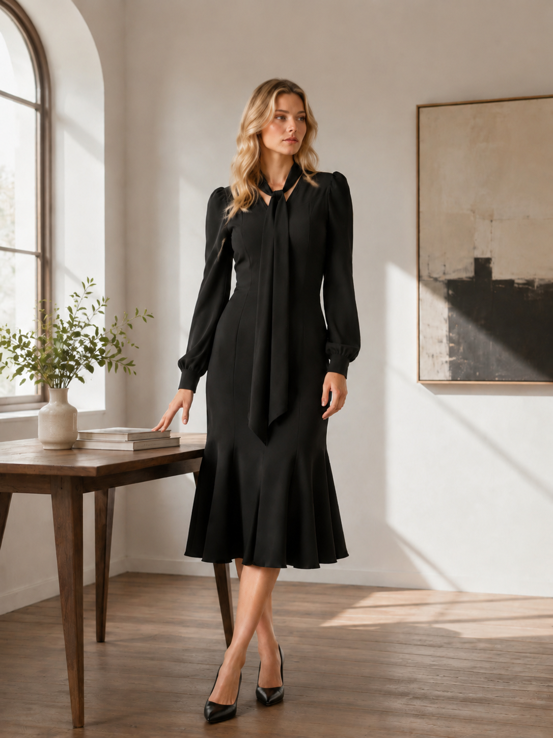 Women's Black Pussy-Bow Ruffle-Hem Midi Dress 34010