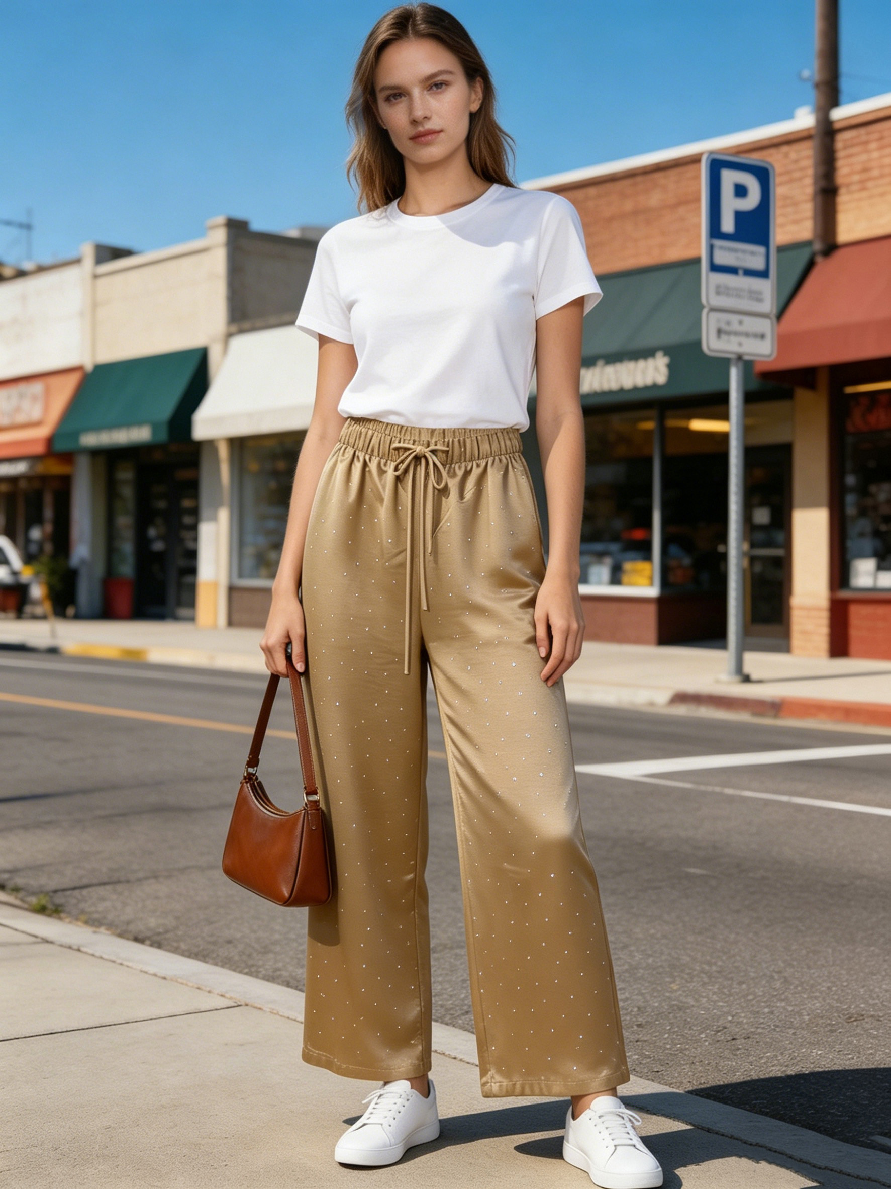 Women’s High Waist Rhinestone Satin Wide Leg Pants LA-030410