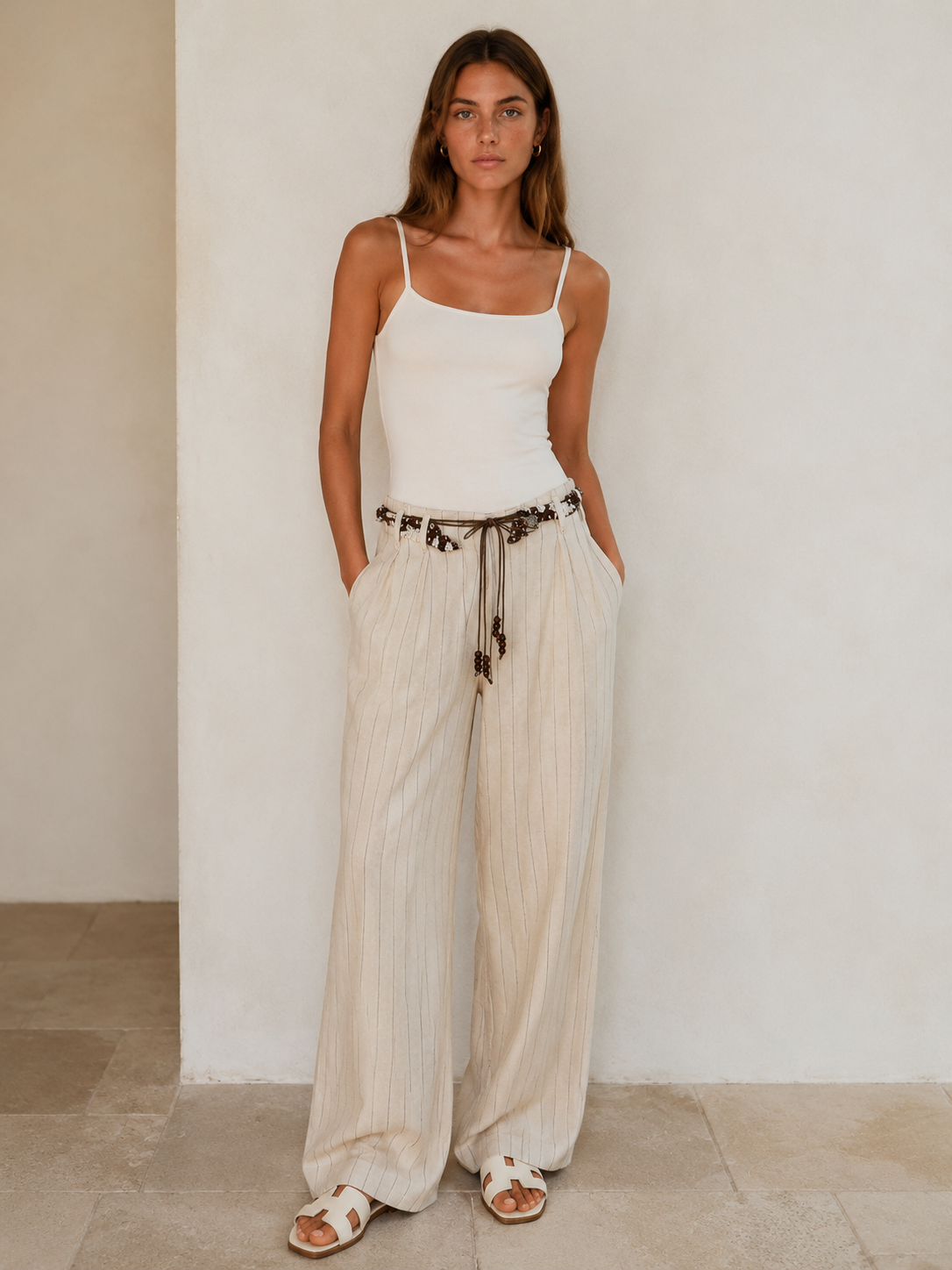 Women's White Pinstripe Wide-Leg Pants with Beaded Drawstring A-41711