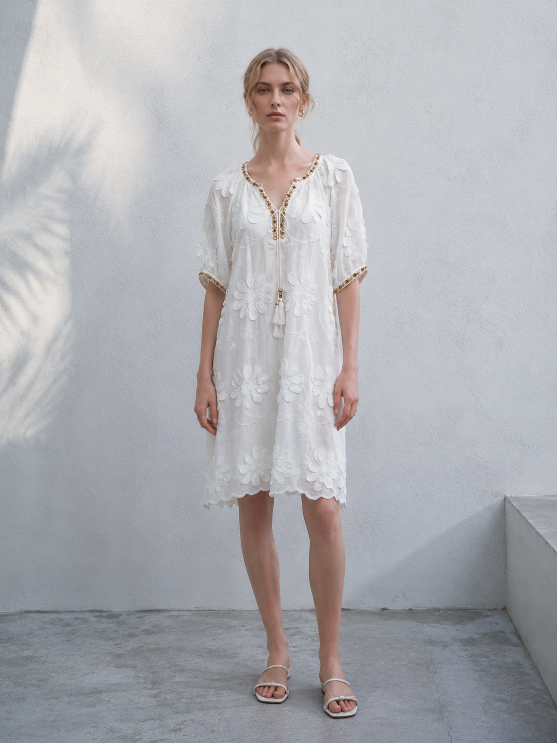 Women's White Embroidered V-Neck Short-Sleeve Tunic A-42850