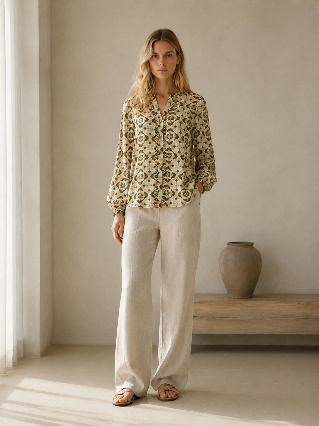 Women's Green Geometric Print Long-Sleeve Blouse A-42878 