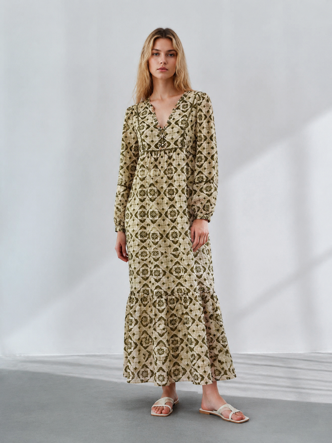 Women's Green Geometric Print Belted Shirt Dress A-42879