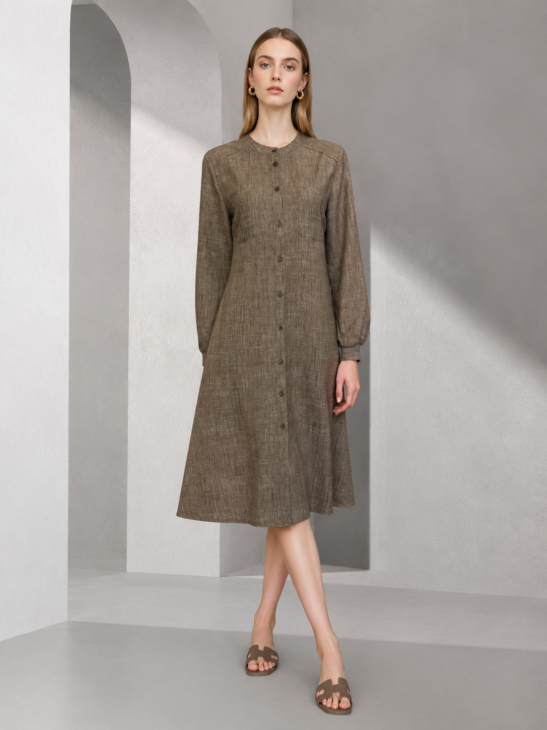 Women's Mocha Textured Button-Front Shirt Dress A-43182