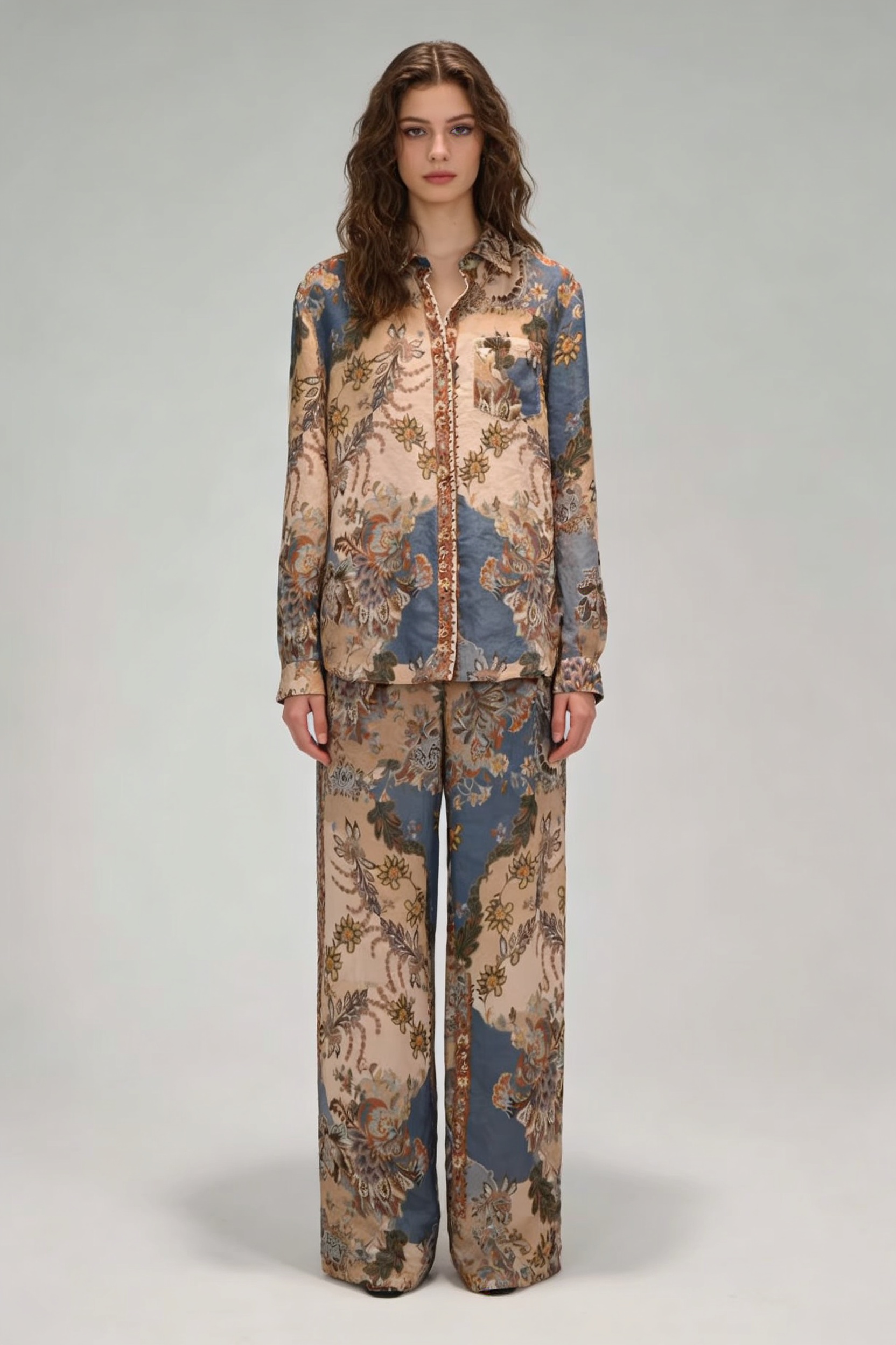 Women’s Boho Floral Chiffon Long Sleeve Button Down Blouse M-41907