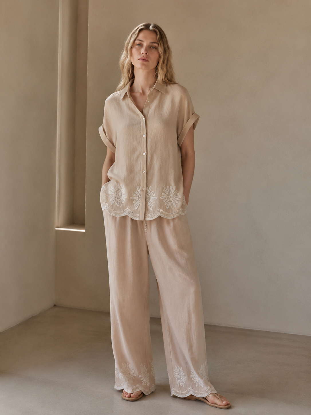 Women's Taupe Embroidered Shirt and Wide-Leg Pants Set C-42948+C-42949