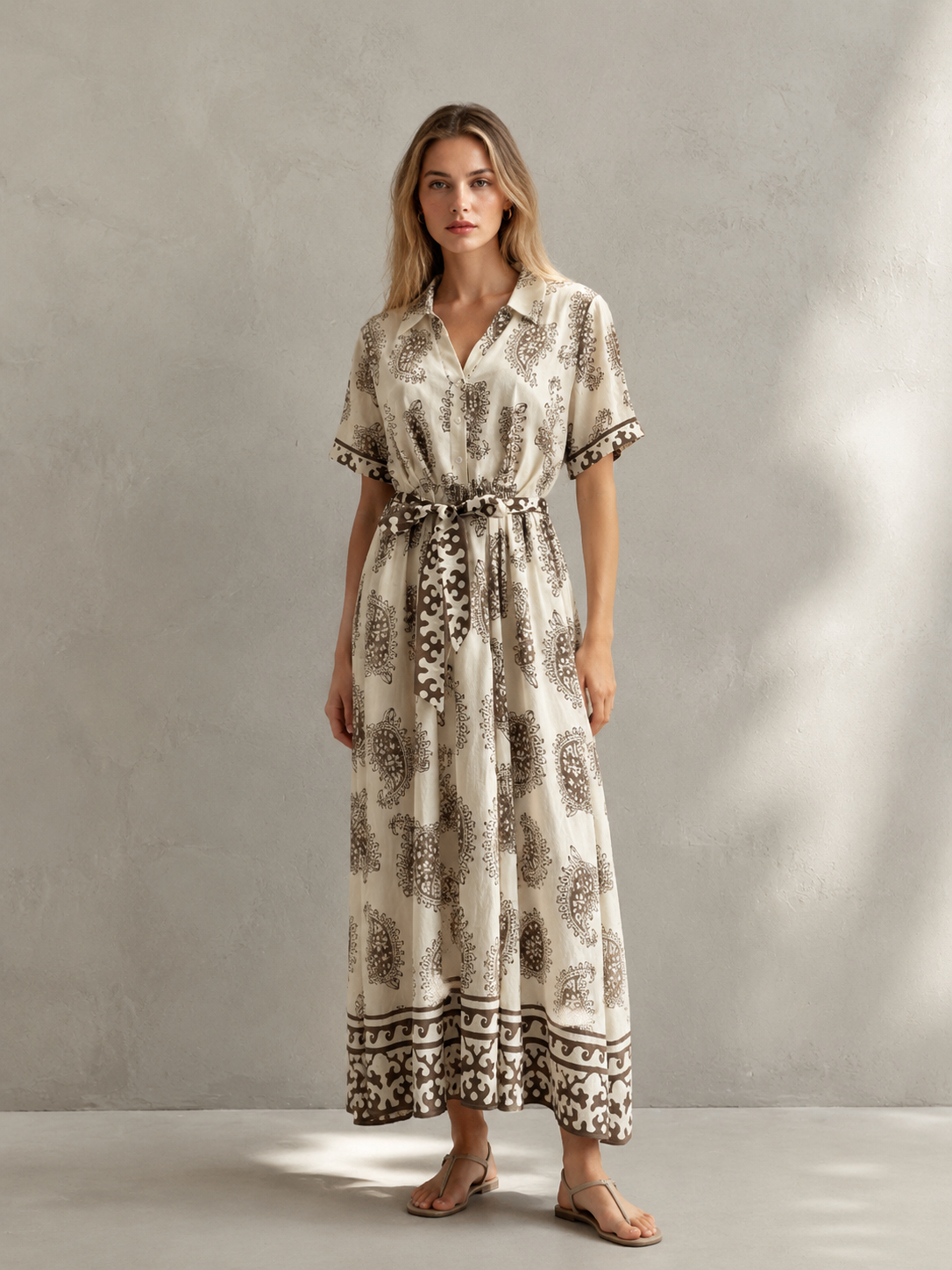 Women's Black and Ivory Boho Print Belted Dress D-42275