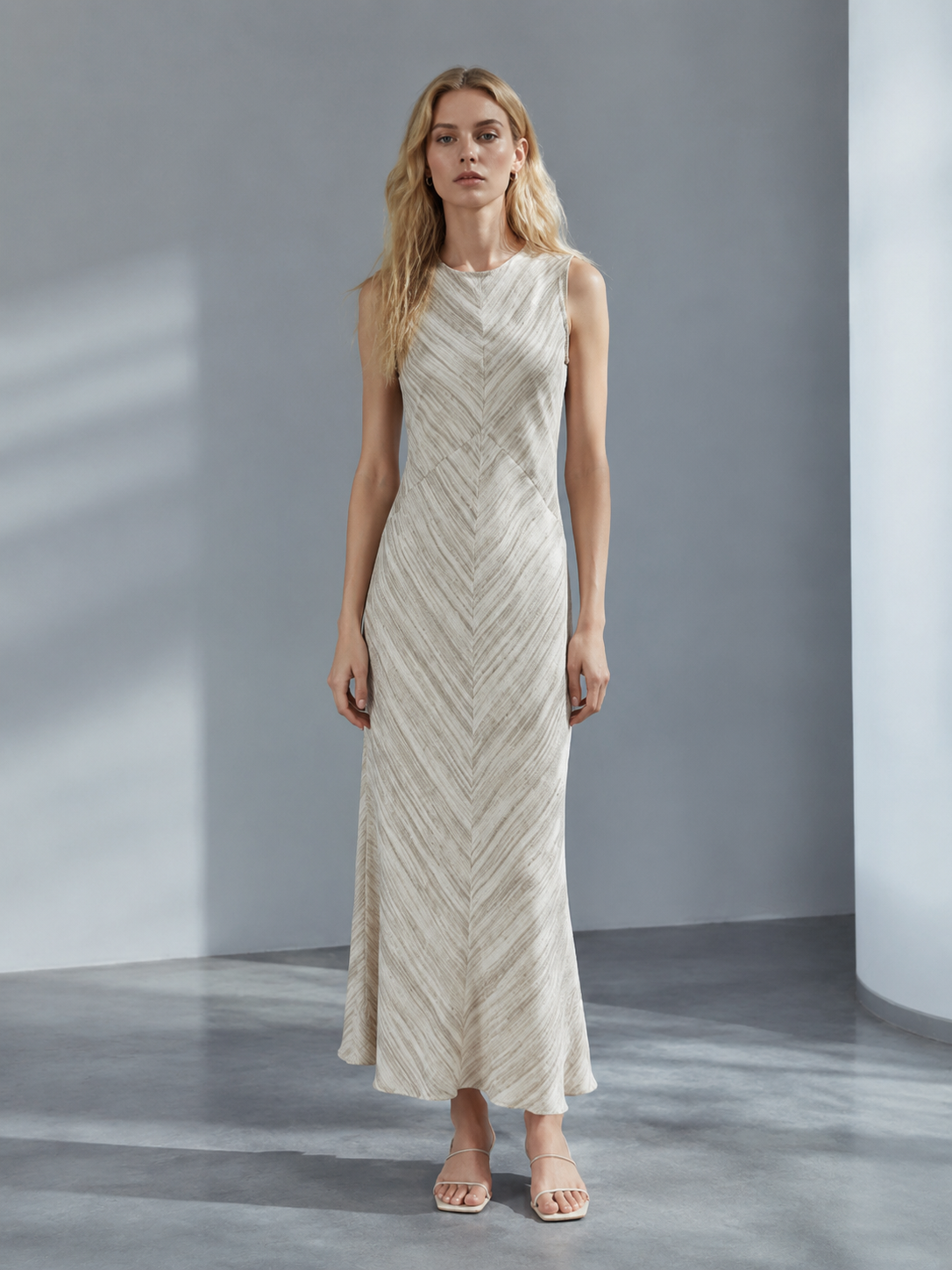 Women's White Textured Sleeveless Dress W-39915