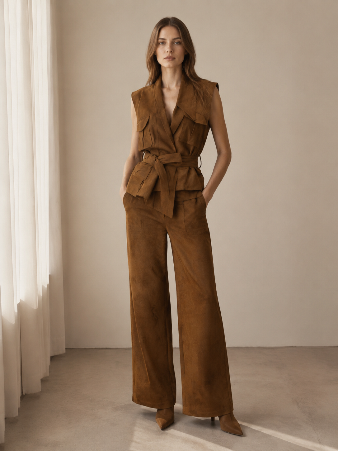 Women's Chocolate Brown Belted Sleeveless Wide-Leg Jumpsuit W-41353+W-41505