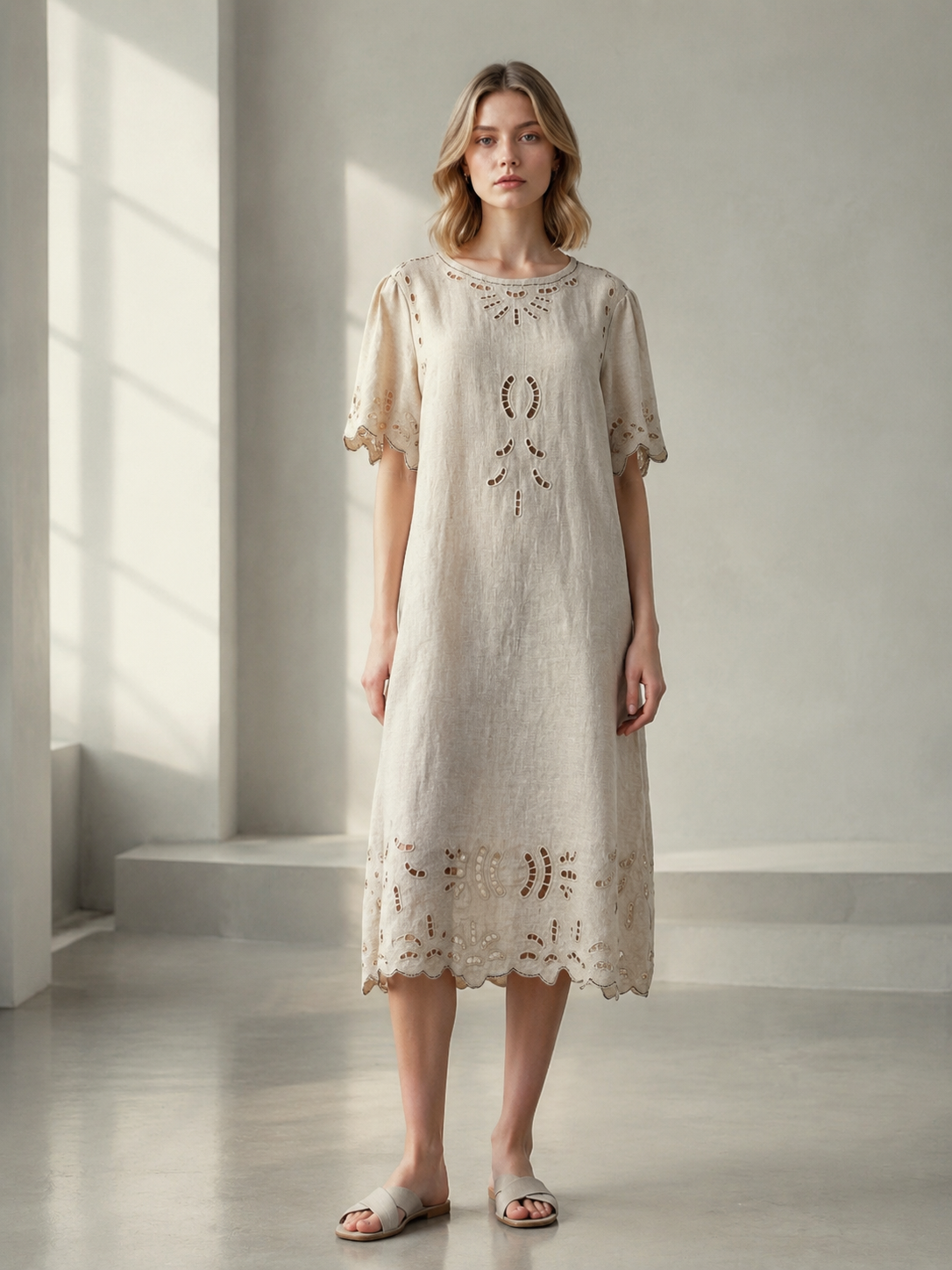 Women's Ivory Floral Embroidered Short-Sleeve Dress W-42945