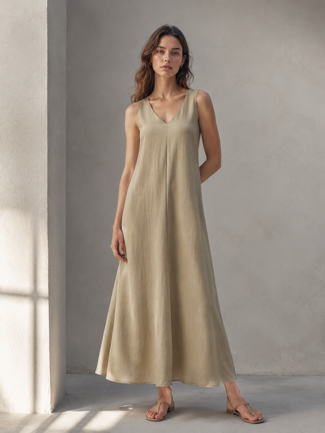 Women's Camel Sleeveless Minimalist Shift Dress W-42955