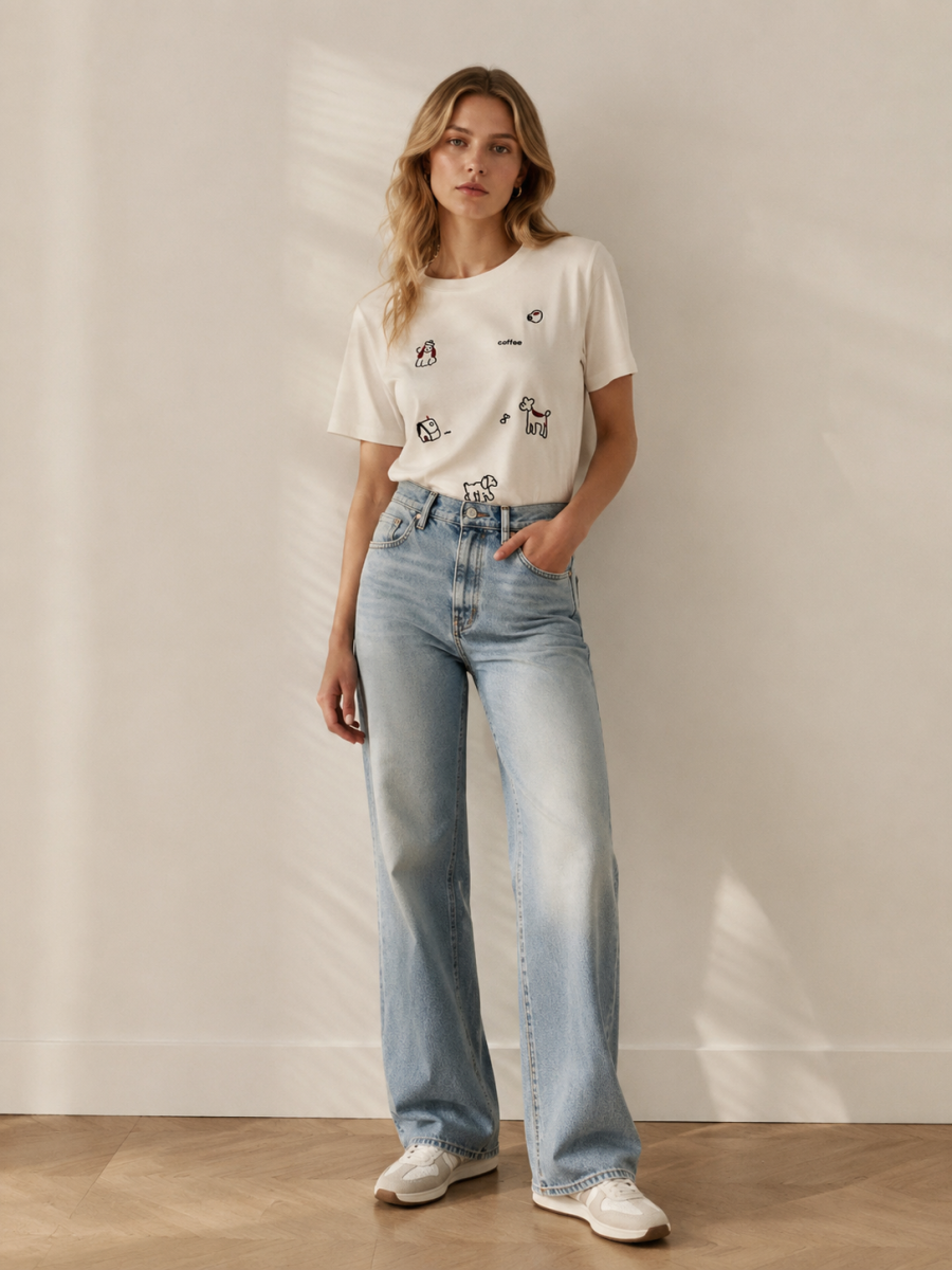Women's White Mini Doodle Print T-Shirt 866