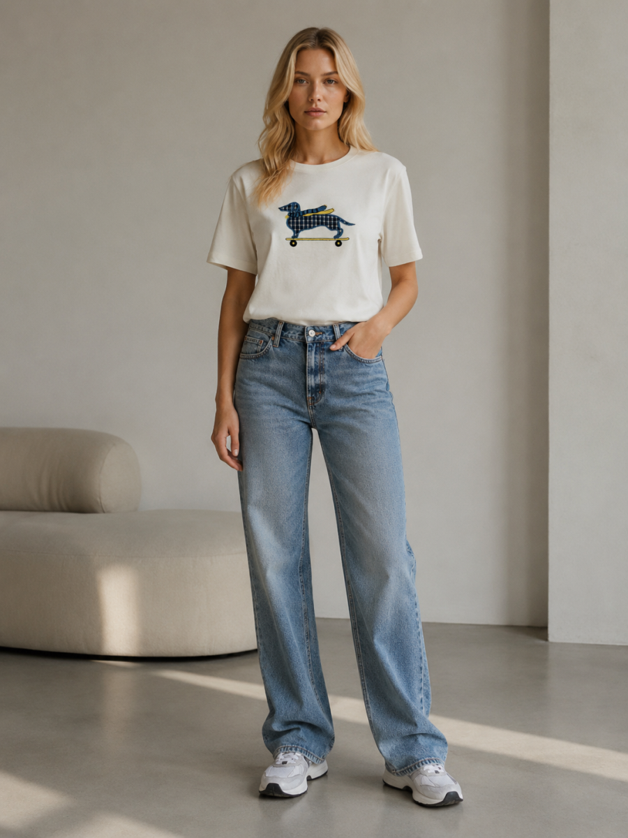Women's White Colorful Dog Graphic T-Shirt 867