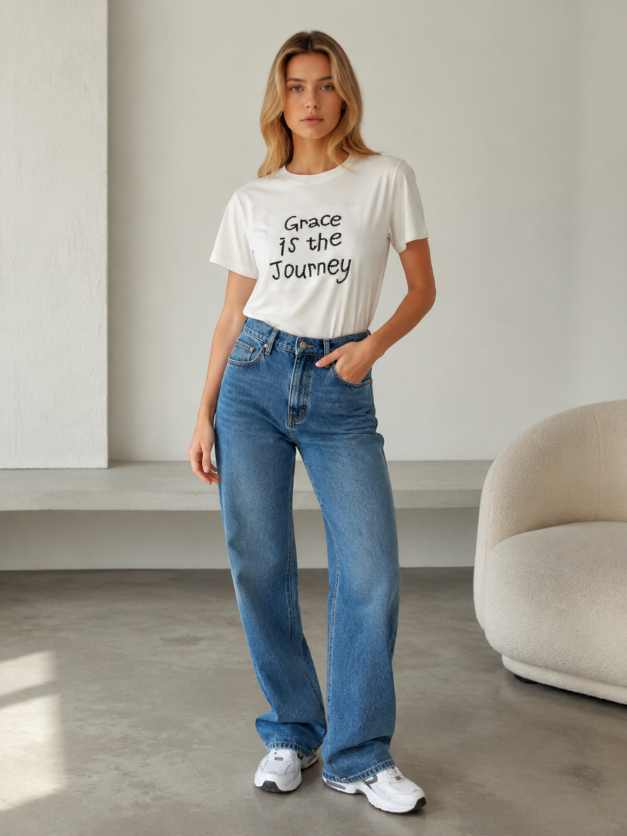 Women's White Grace Is the Journey Slogan T-Shirt 868