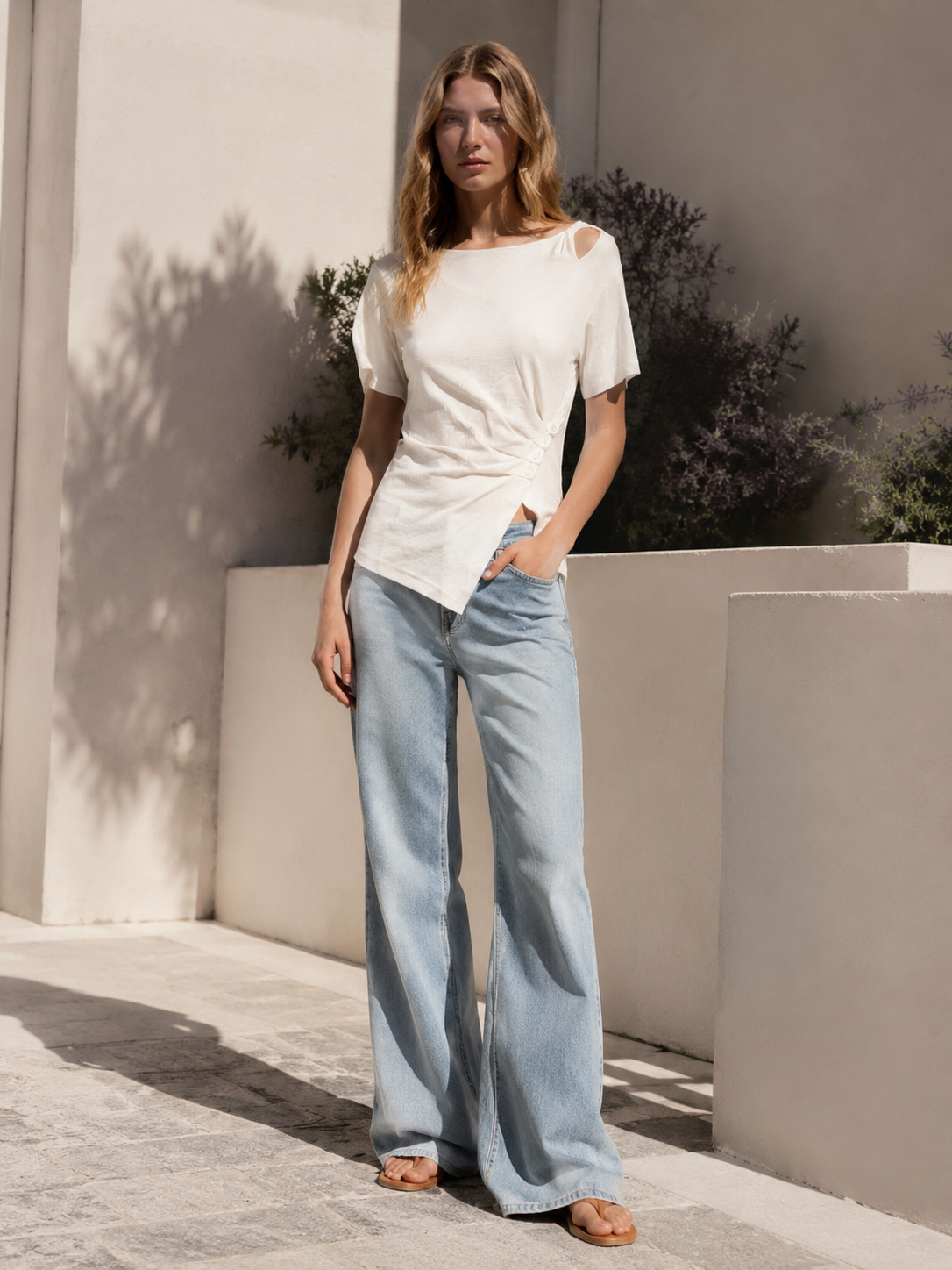 Women's Asymmetric Cutout-Shoulder T-Shirt 2219