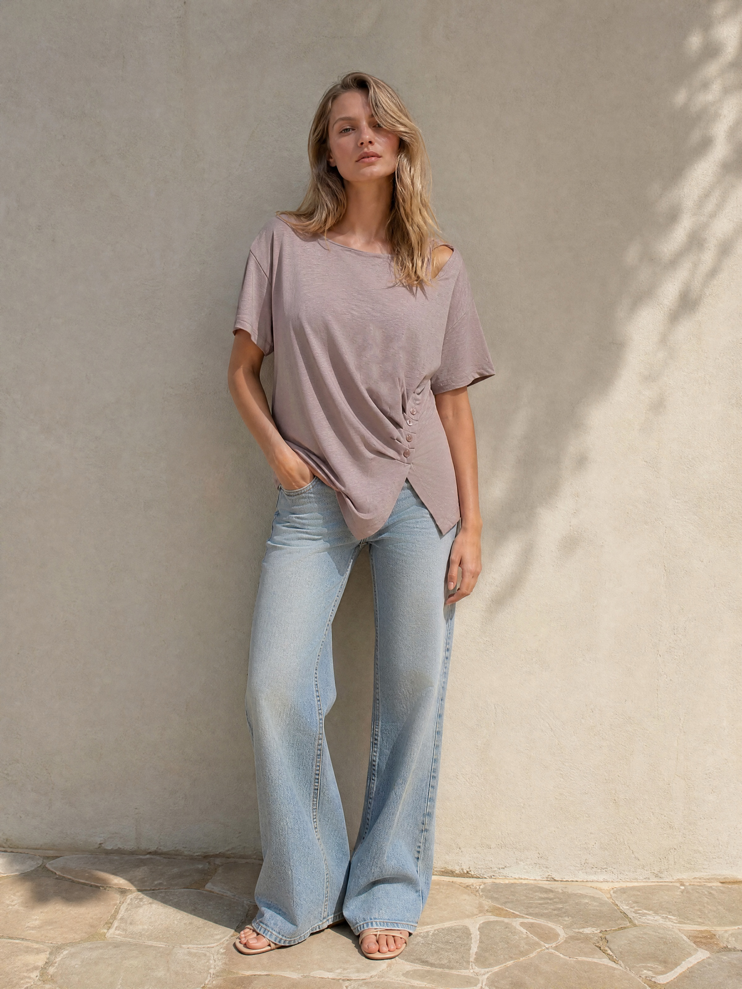 Women's Asymmetric Cutout-Shoulder T-Shirt 2219