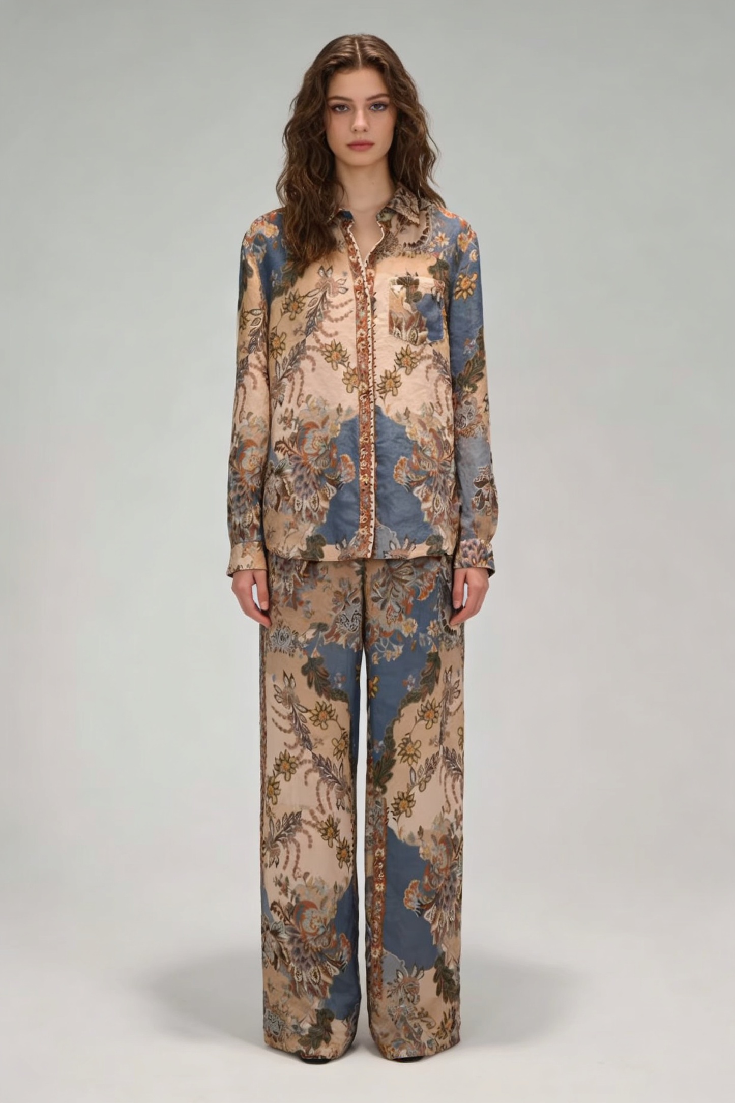 Women’s Boho Floral Chiffon Long Sleeve Button Down Blouse M-41907