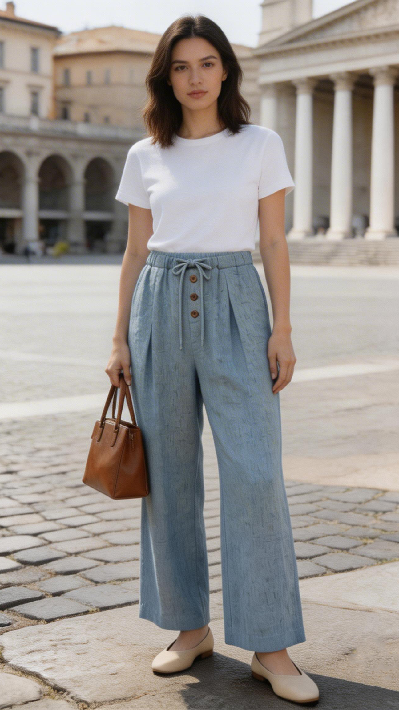 Summer Casual Linen-Look Wide Leg Pants with Button Drawstring A-42030