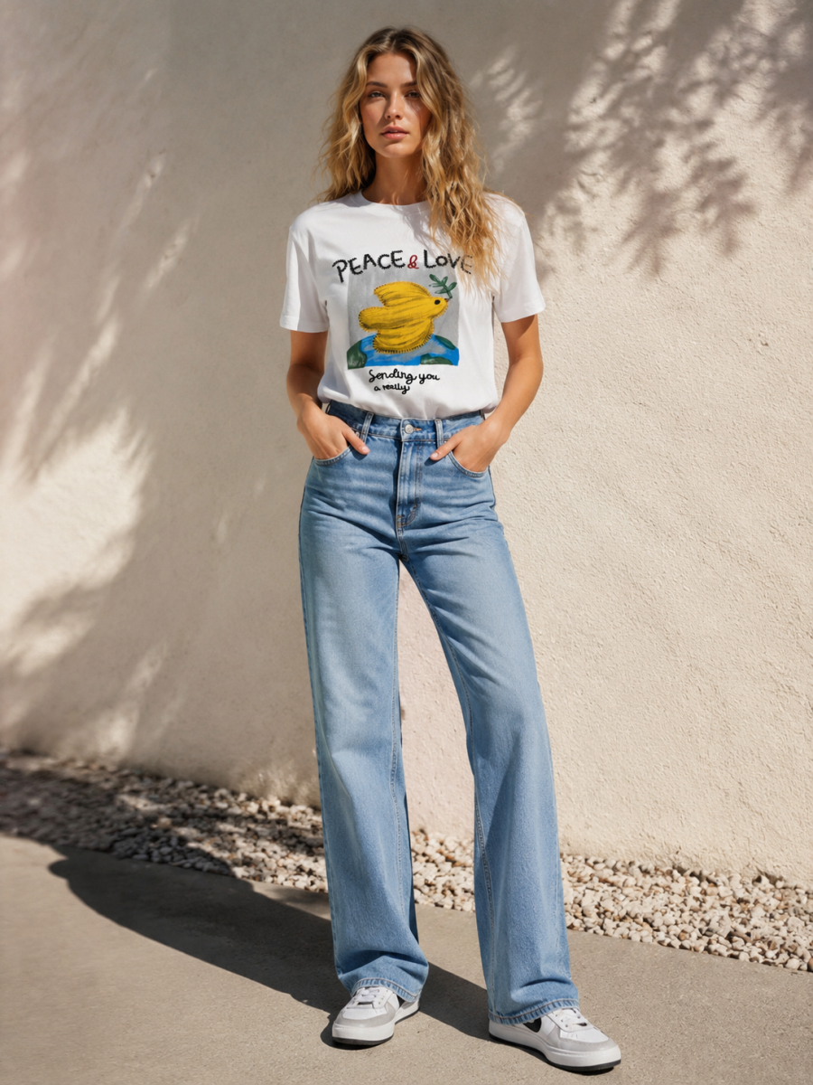 Women's White Peace and Love Frog Graphic T-Shirt 9799