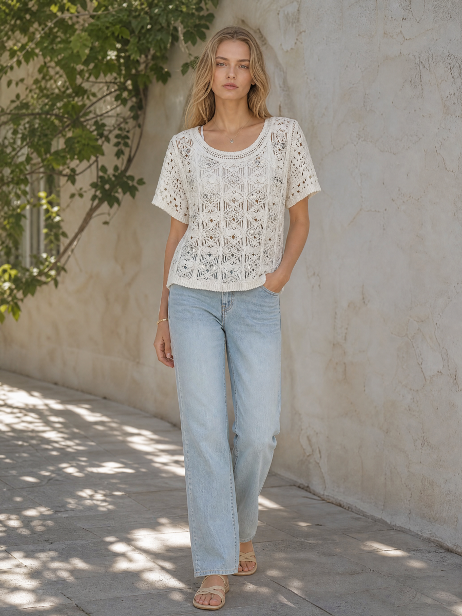 Women's Geometric Openwork Short-Sleeve Crochet Top C17