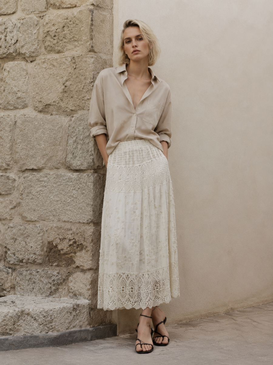 Women's White Floral Lace Maxi Skirt with Scalloped Hem 5118