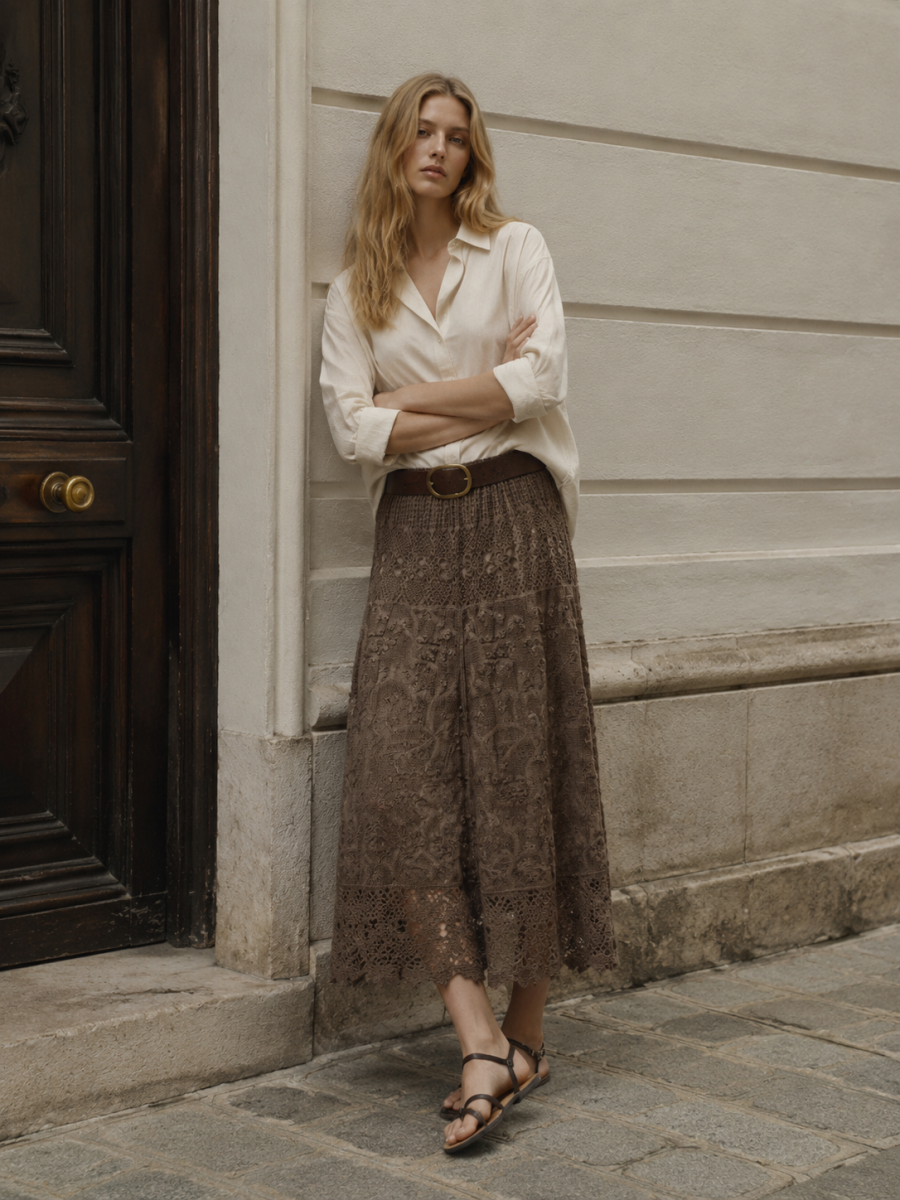 Women's White Floral Lace Maxi Skirt with Scalloped Hem 5118