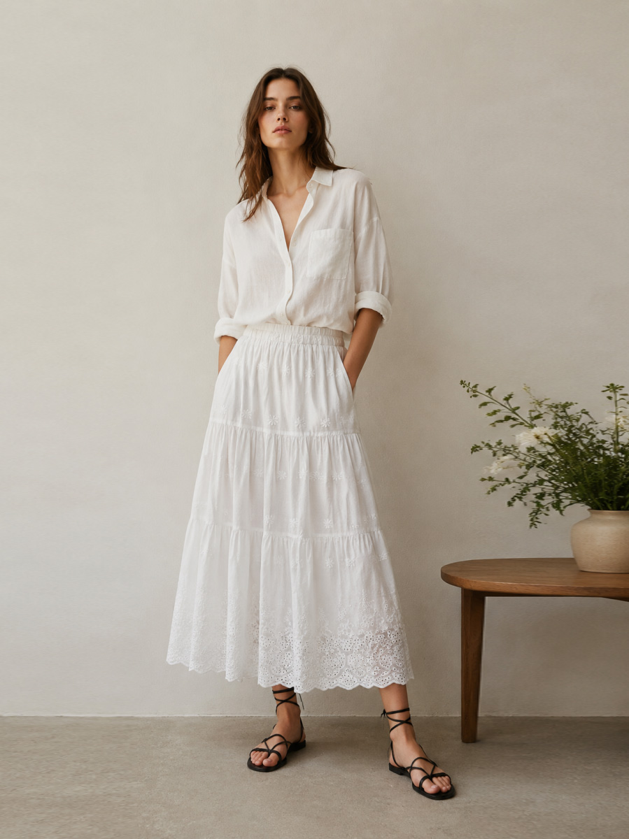 Women's White Tiered Lace Maxi Skirt 508-20