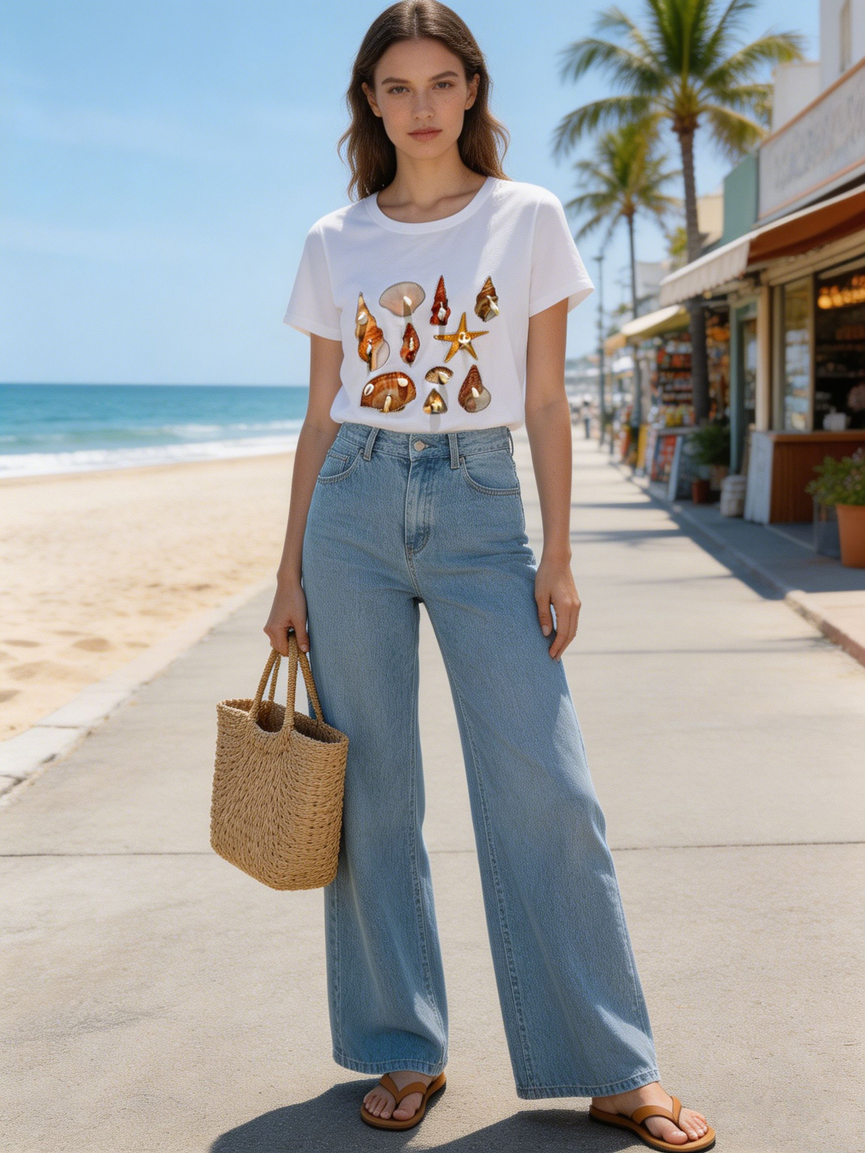 Women’s Summer Seashell Embellished Beach Graphic T‑Shirt M-42129-8