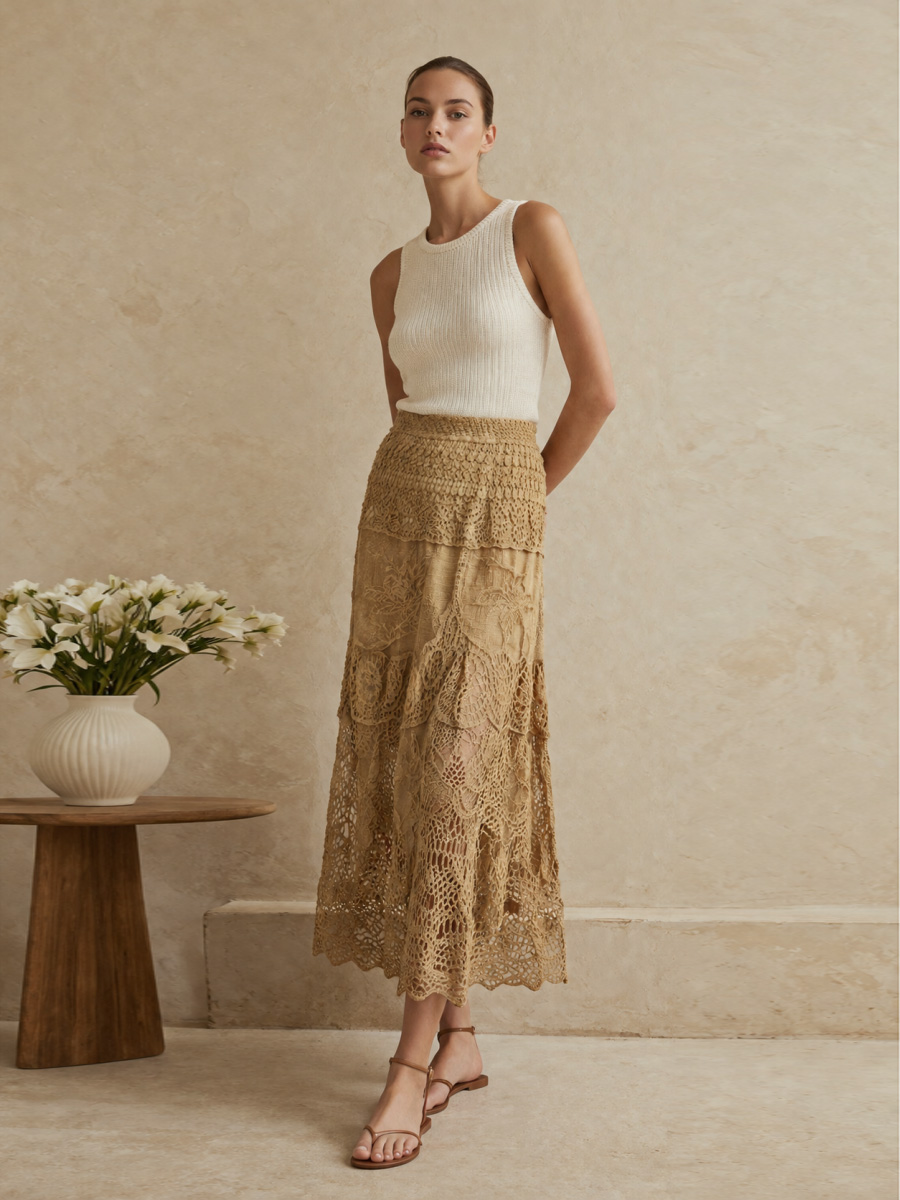 Women's White High-Waist Floral Lace Maxi Skirt 5095
