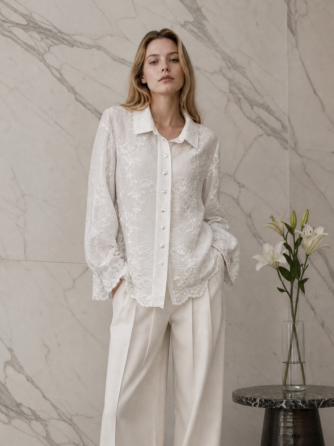 Women's Floral Lace Button-Up Long-Sleeve Shirt K30