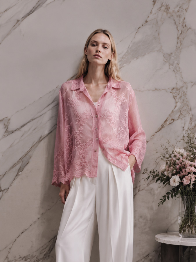 Women's Floral Lace Button-Up Long-Sleeve Shirt K30