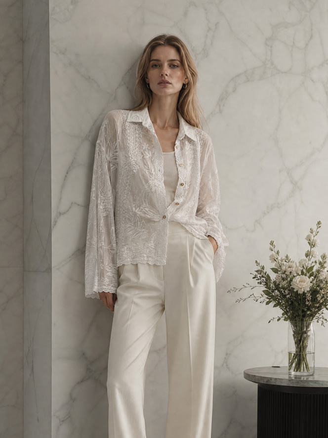 Women's Floral Lace Button-Up Long-Sleeve Shirt K30