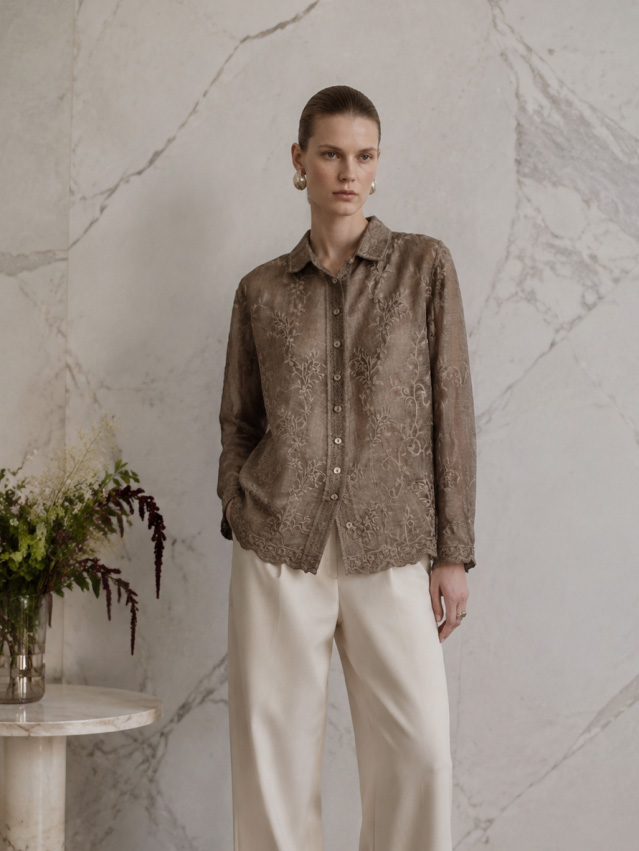 Women's Floral Lace Button-Up Long-Sleeve Shirt K30
