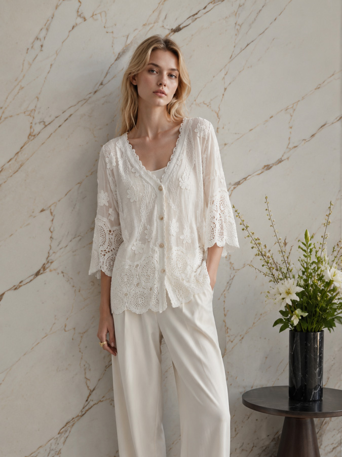 Women's V-Neck Floral Lace Button-Front Cardigan V38