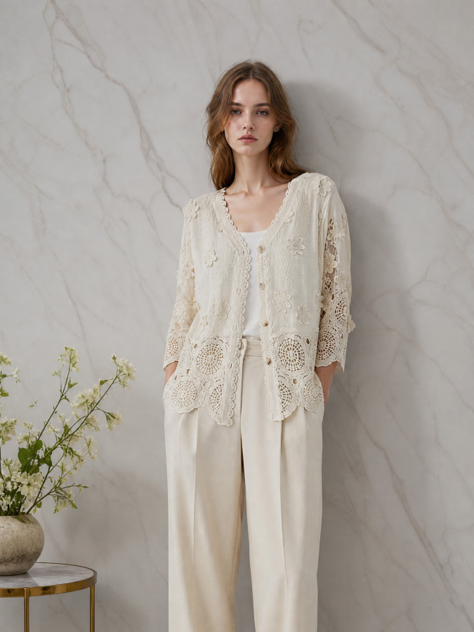 Women's V-Neck Floral Lace Button-Front Cardigan V38