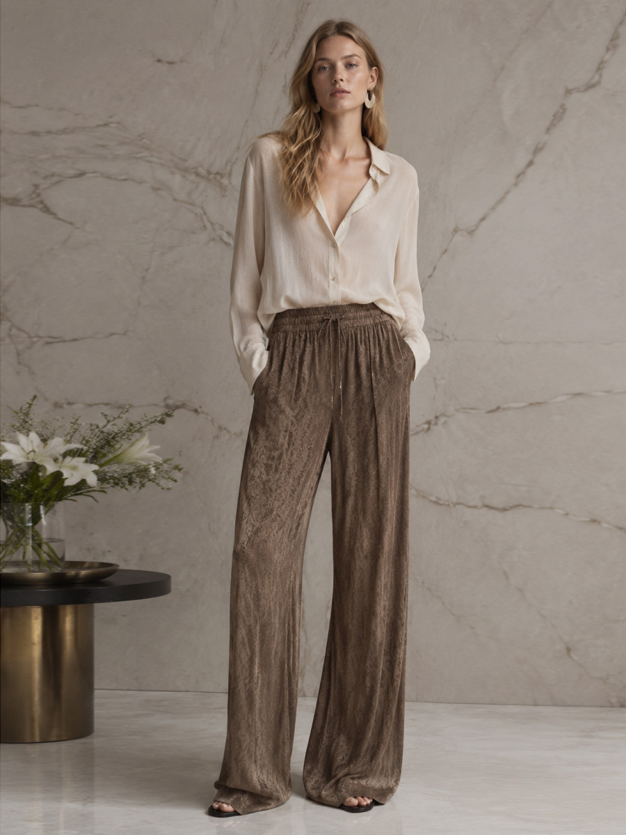 Women's Brown Floral Lace Wide-Leg Pants W211136211S