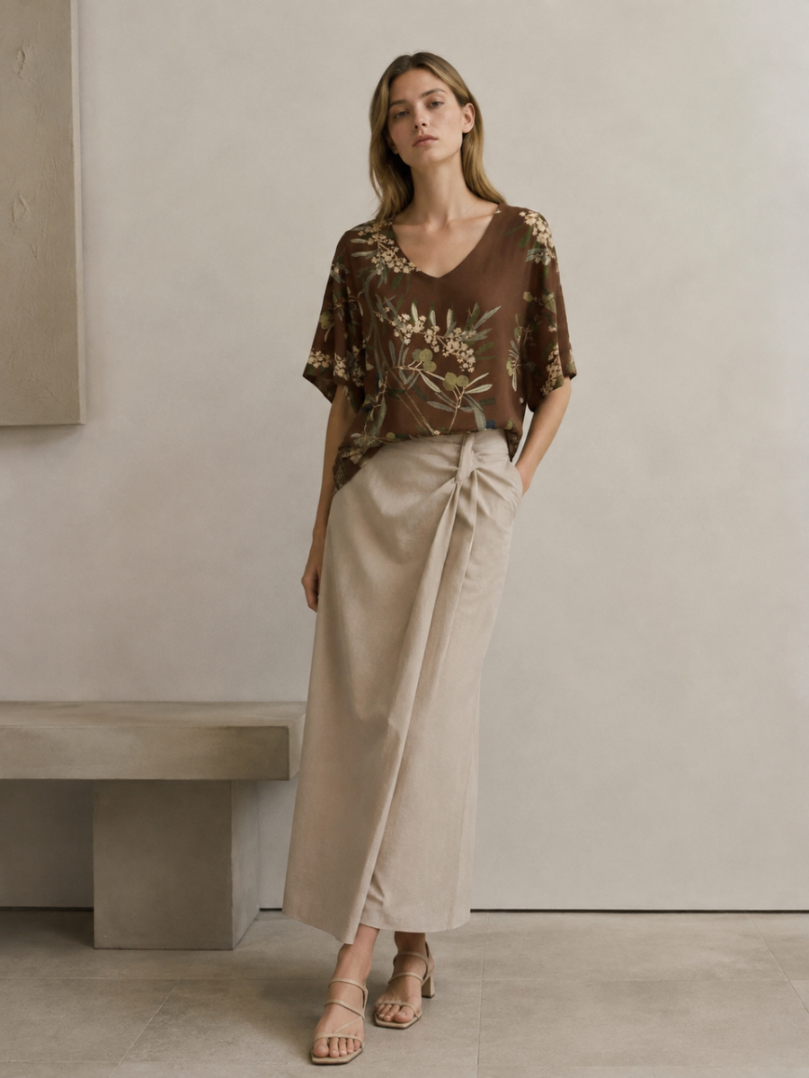 Relaxed‑Fit V‑Neck Batwing‑Sleeve Botanical Print Irregular Hem Summer Tunic W-43514