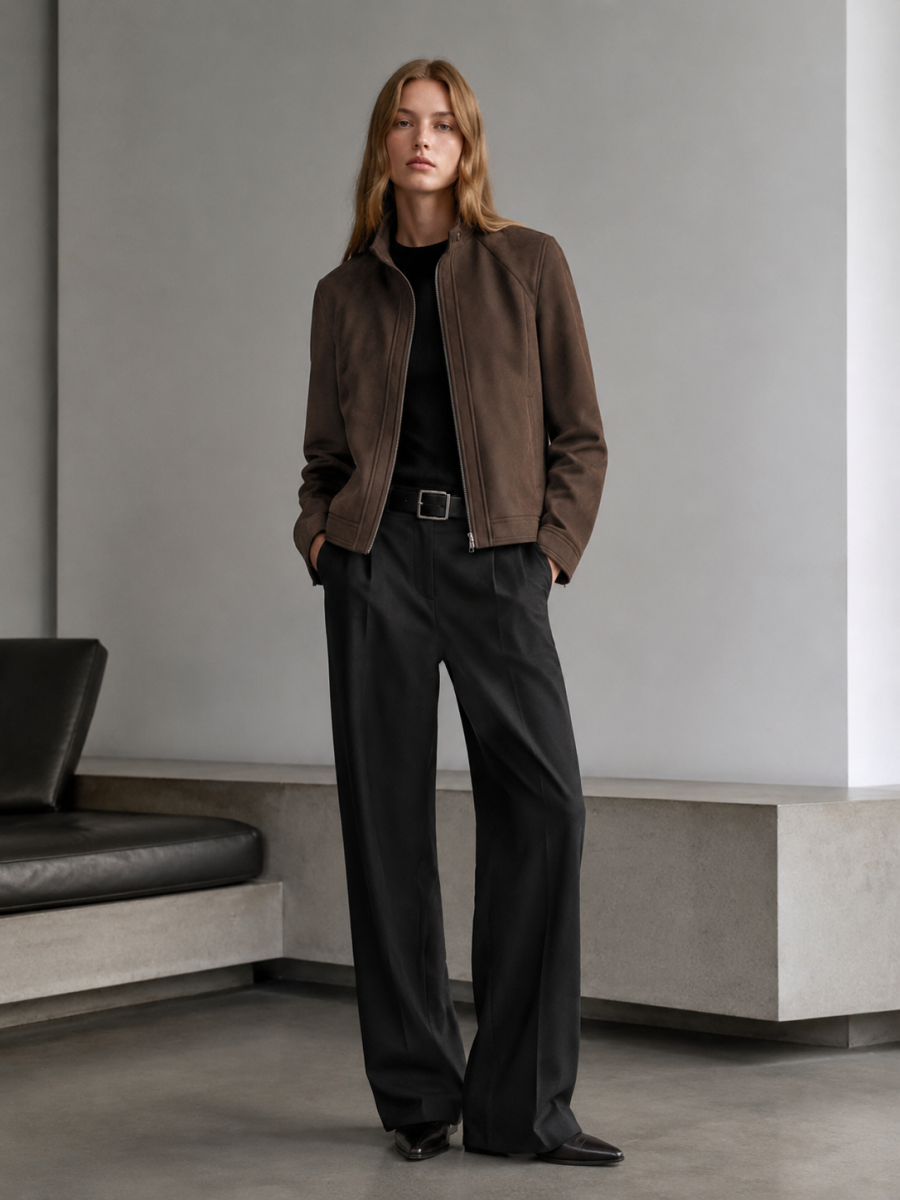 Retro Slim‑Fit Faux‑Suede Biker Jacket C-43334