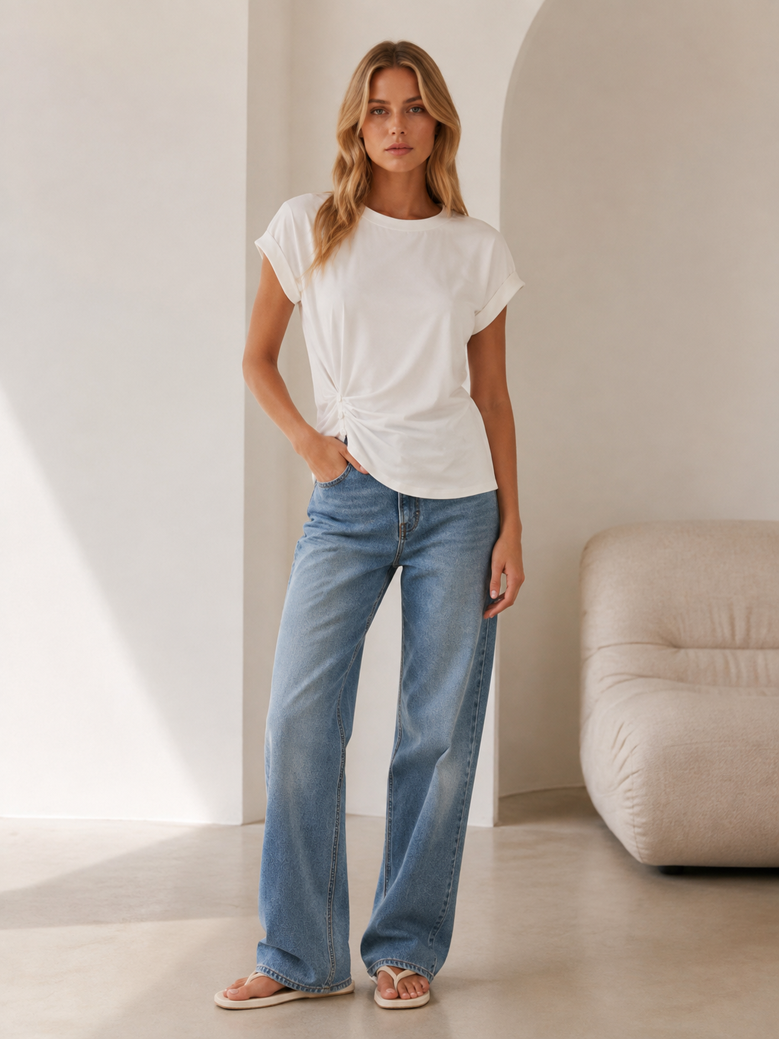 Women's White Side‑Twist Knot T‑Shirt, Round‑Neck Rolled Cap‑Sleeve Asymmetrical Hem Casual Summer Top C-41888