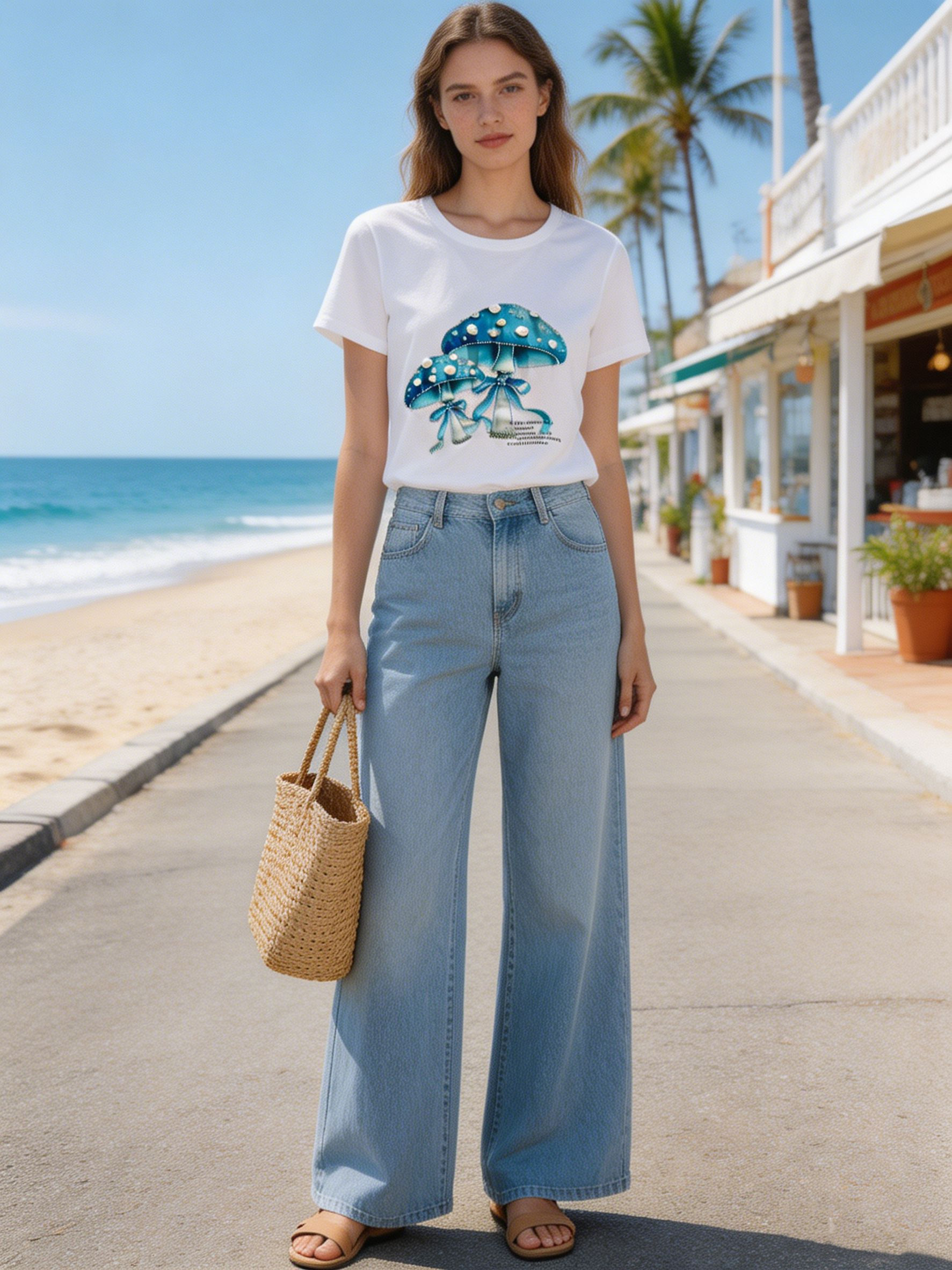Women’s Pearl Embellished Mushroom Graphic Tee M -42129-9
