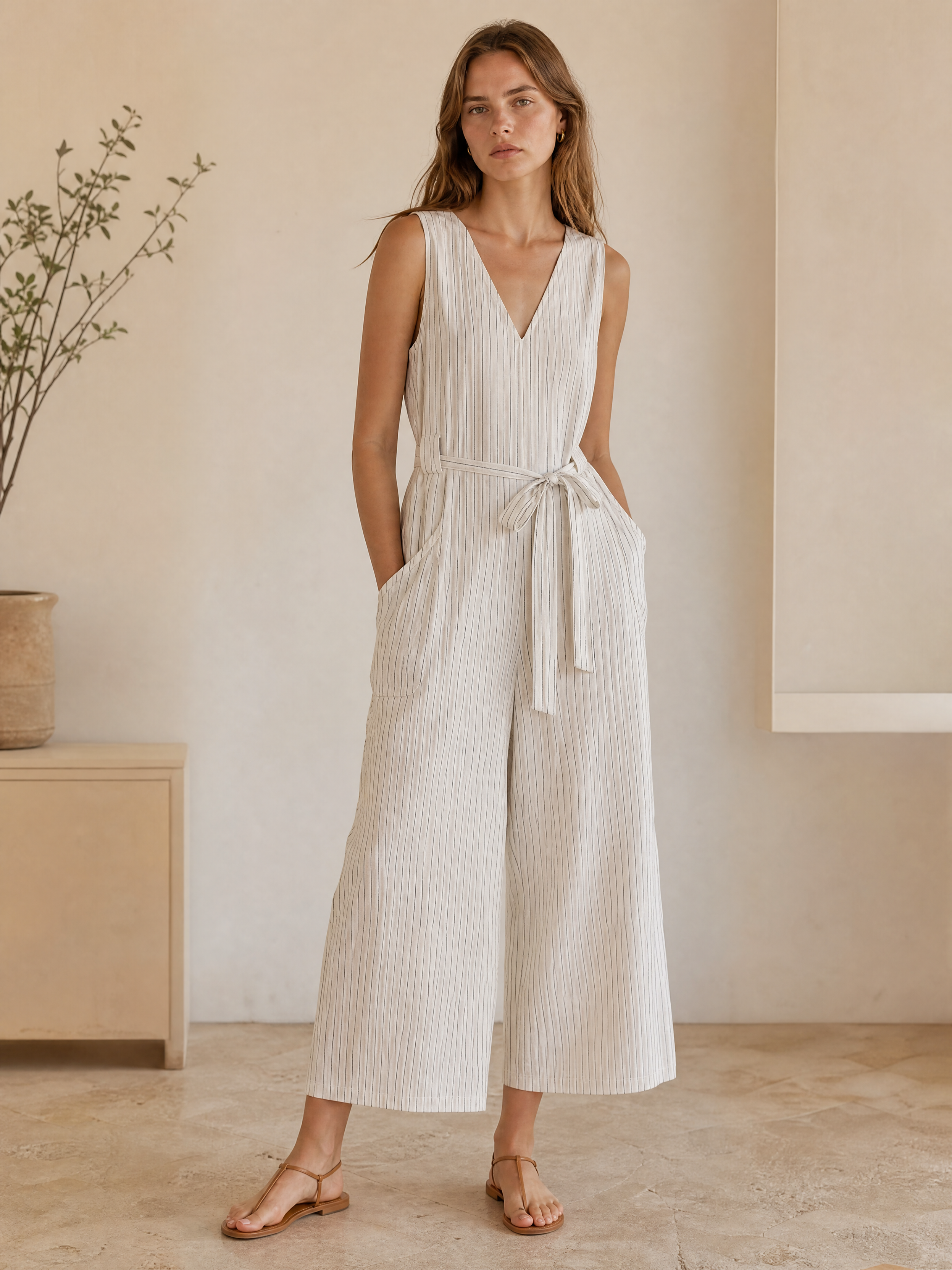Women's Vertical‑Stripe Linen Sleeveless Jumpsuit, V‑Back Self‑Tie‑Belt Wide‑Leg Long Romper With Side Pockets A-41919