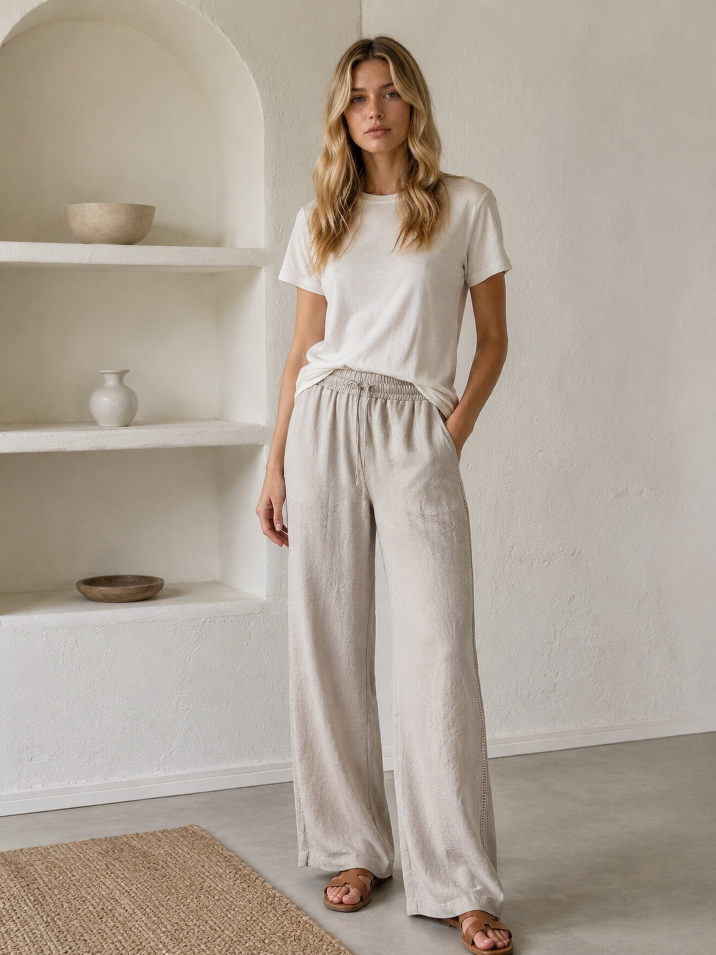 Elegant Casual‑Wear Linen Wide‑Leg Trousers, Women High‑Rise Drawstring Waist Side‑Accent Loose‑Fit Summer Pants A-42204H