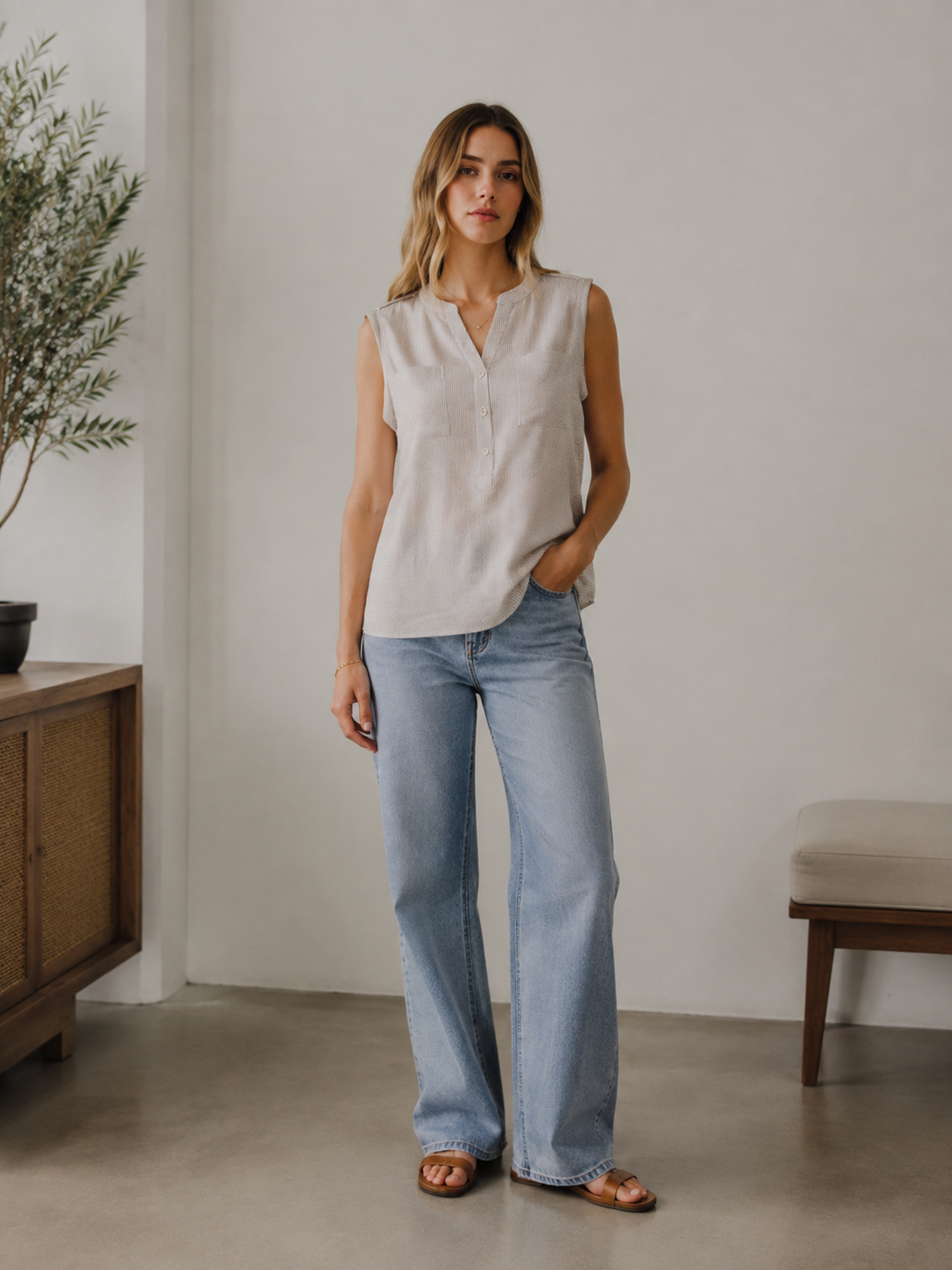 Versatile Beige Striped Henley Sleeveless Top, Women Half‑Button Double‑Pocket Linen Blend Casual Tank Blouse A-42298H
