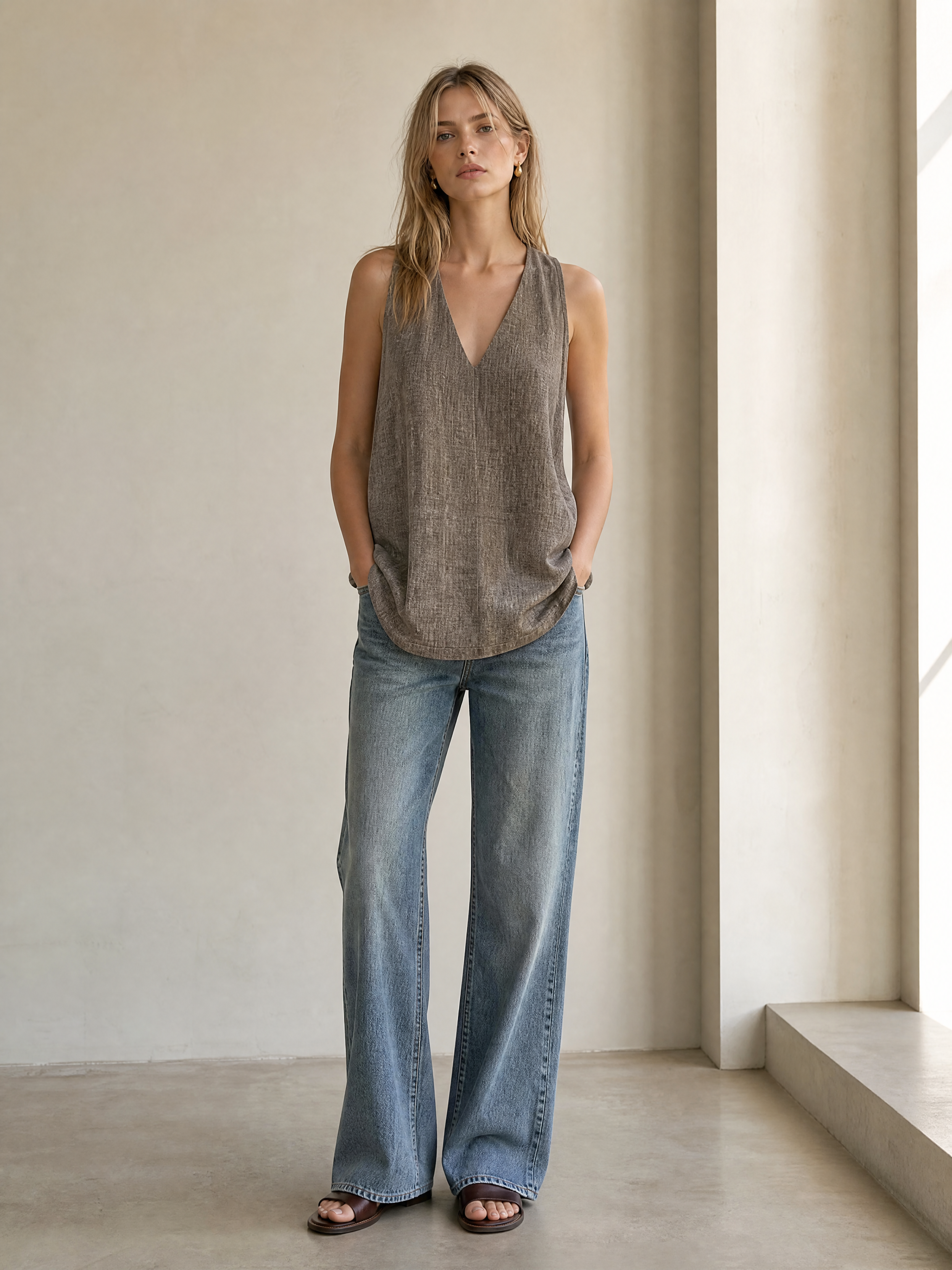 Chic Minimalist Halter Sleeveless Blouse, Women V‑Neck Brown Linen‑Look Loose‑Fit Mid‑Length Tunic Top C-42613