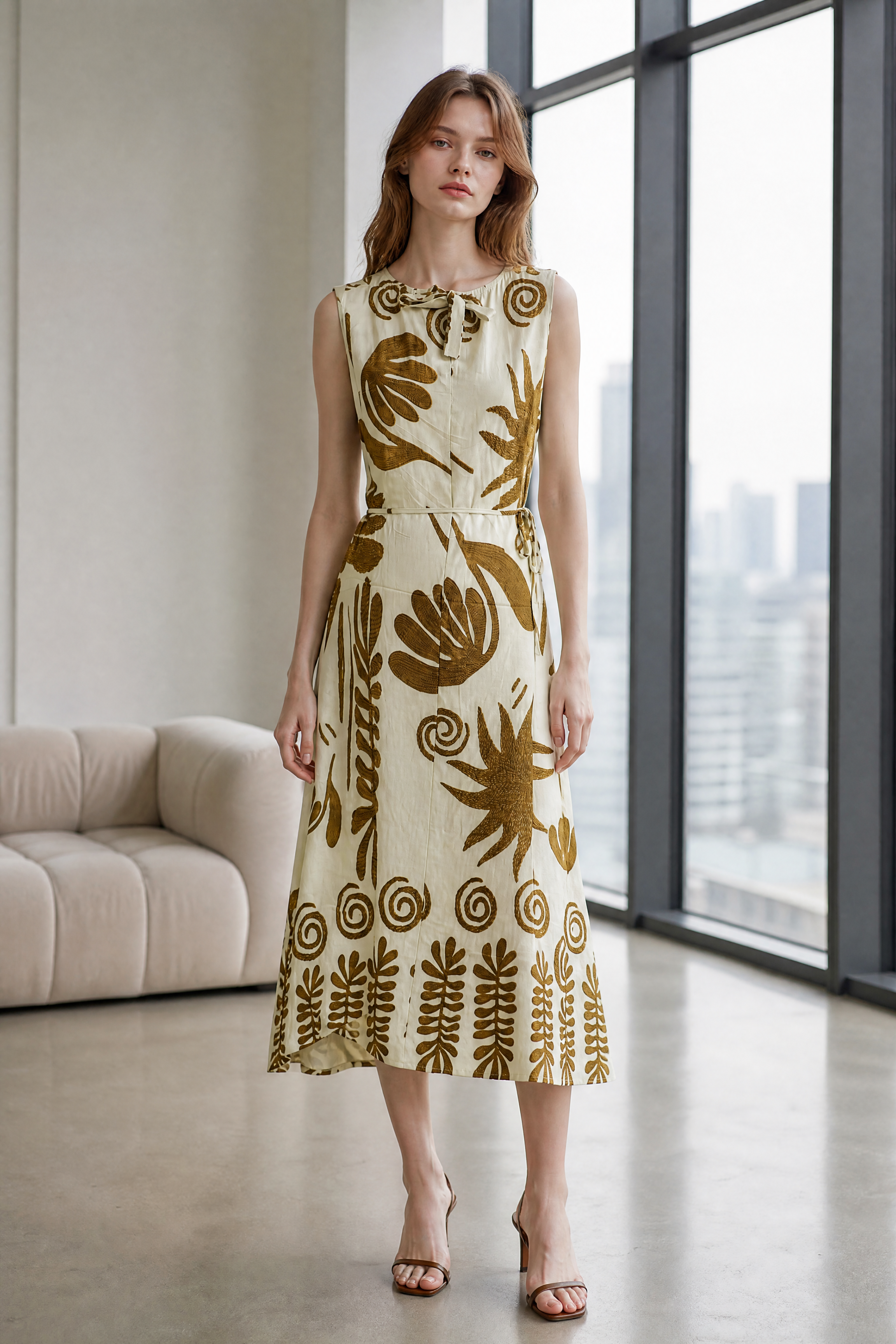 Women’s Boho Tropical Leaf Print Sleeveless Maxi Dress with Pom Pom Trim 2550