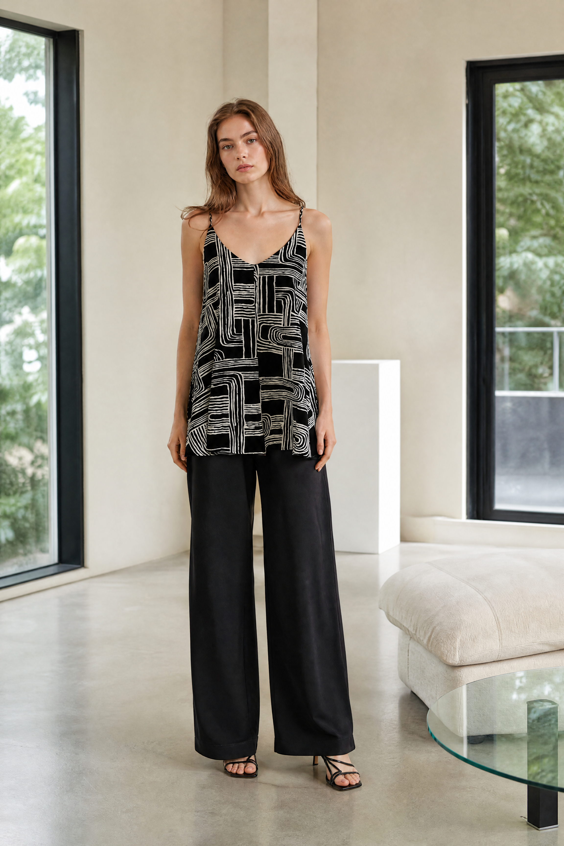 Women’s Geometric Print Spaghetti Strap Cami Top with Ruffle Hem 28011
