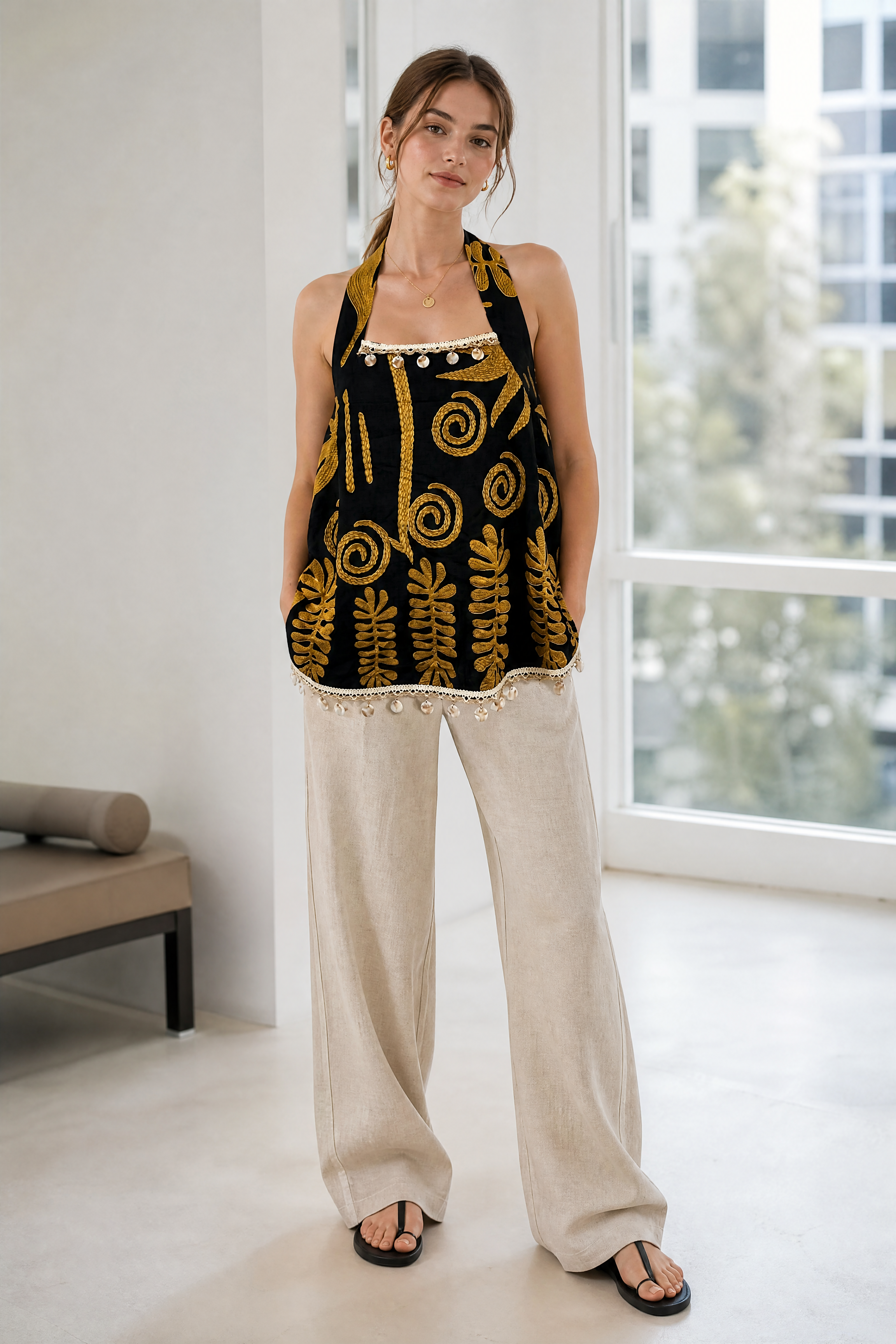 Women’s Boho Embroidered Halter Cami Top with Pom Pom Trim 28023-1