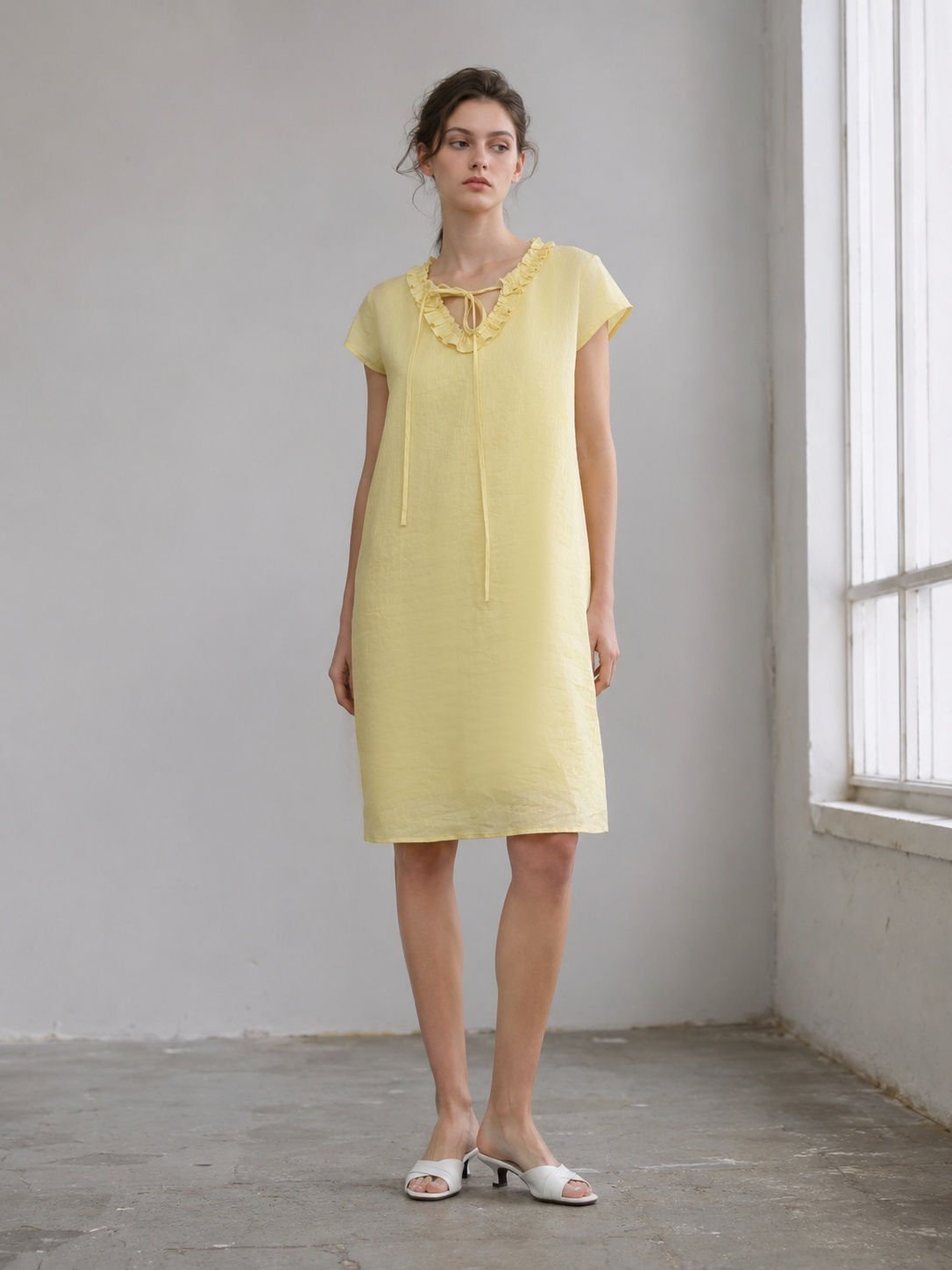  Butter Yellow Linen Ruffled Neckline Resort Tunic A-42554
