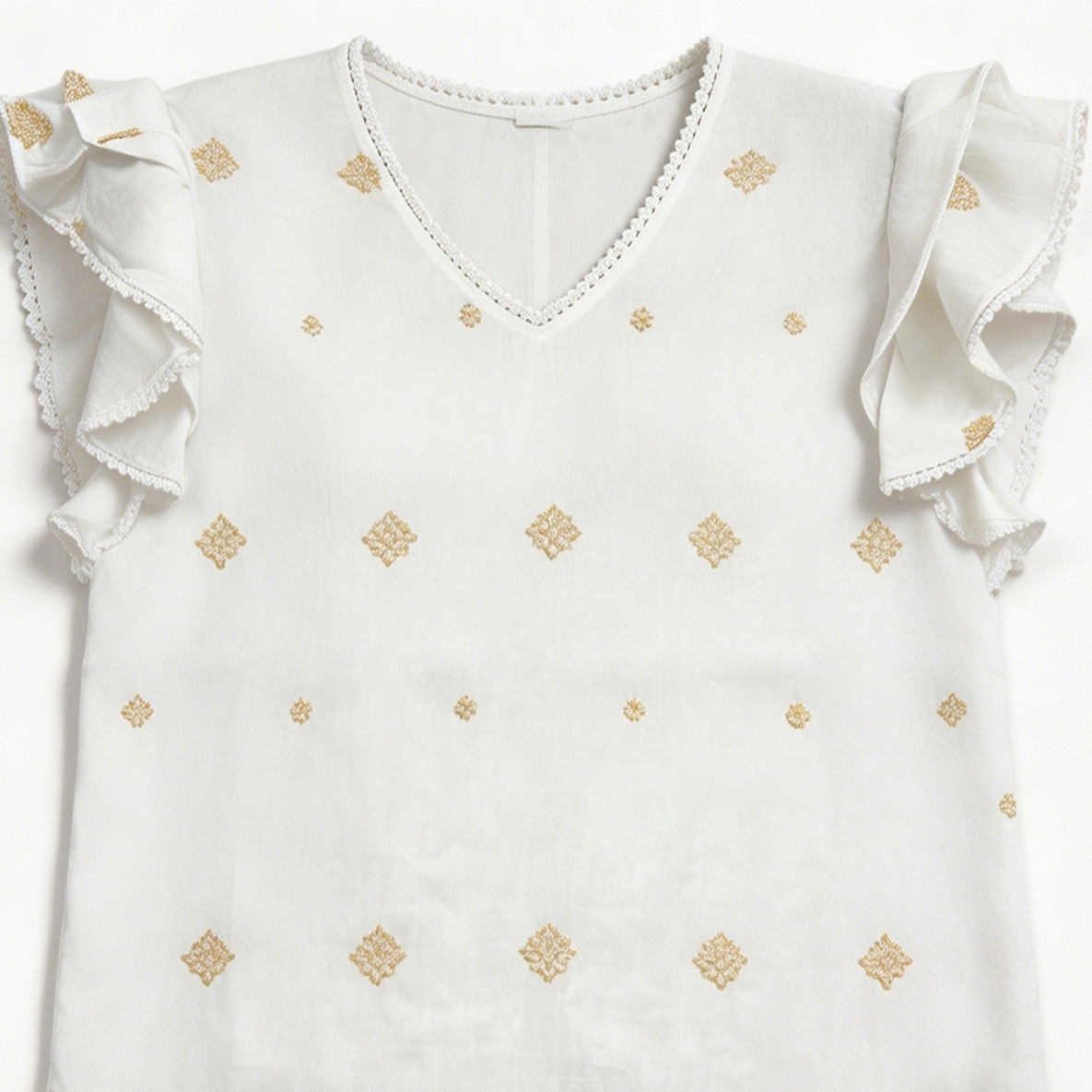 White Gold Paisley Embroidered Ruffle Sleeve Blouse - Boho V-Neck Top AN-710001