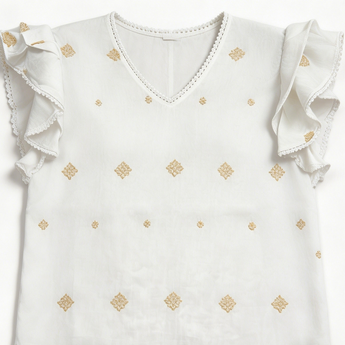 White Gold Paisley Embroidered Ruffle Sleeve Blouse - Boho V-Neck Top AN-710001